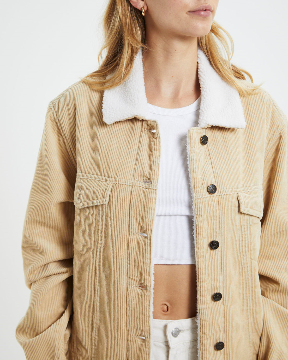 Athena Borg Longline Cord Jacket Oat OFF WHIT