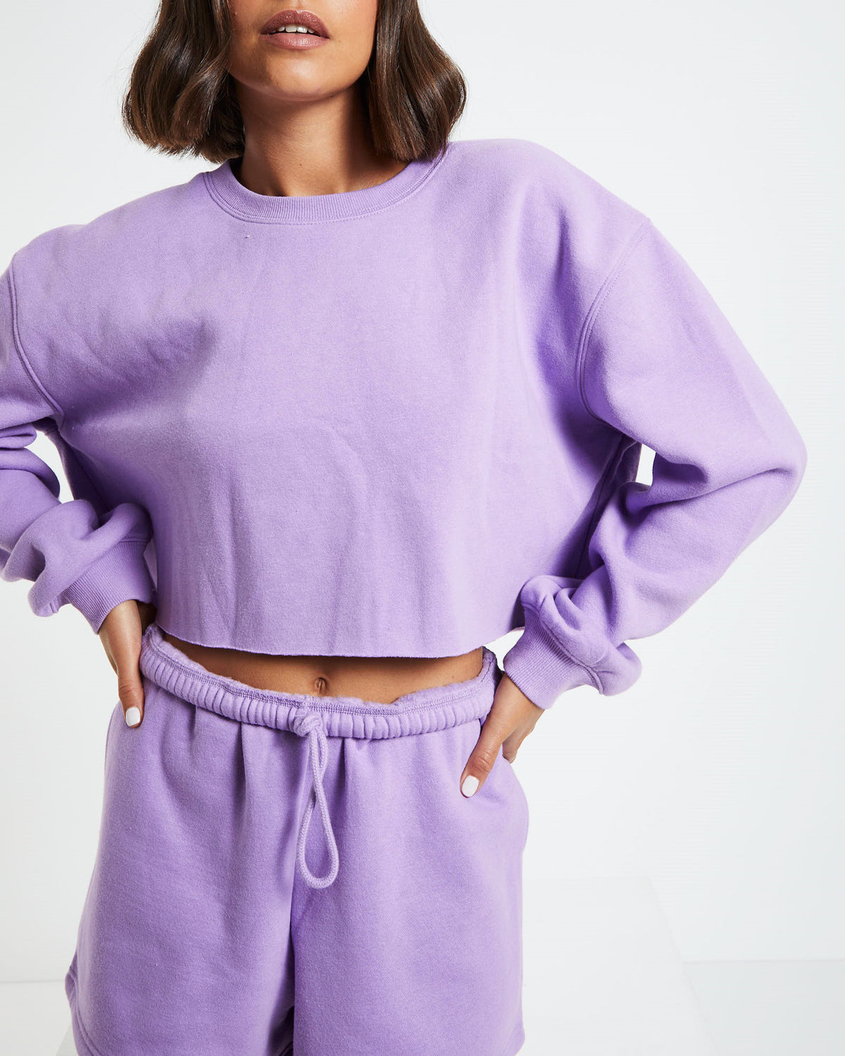 Cropped Raw Hem Fleece Jumper Purple PURPLE