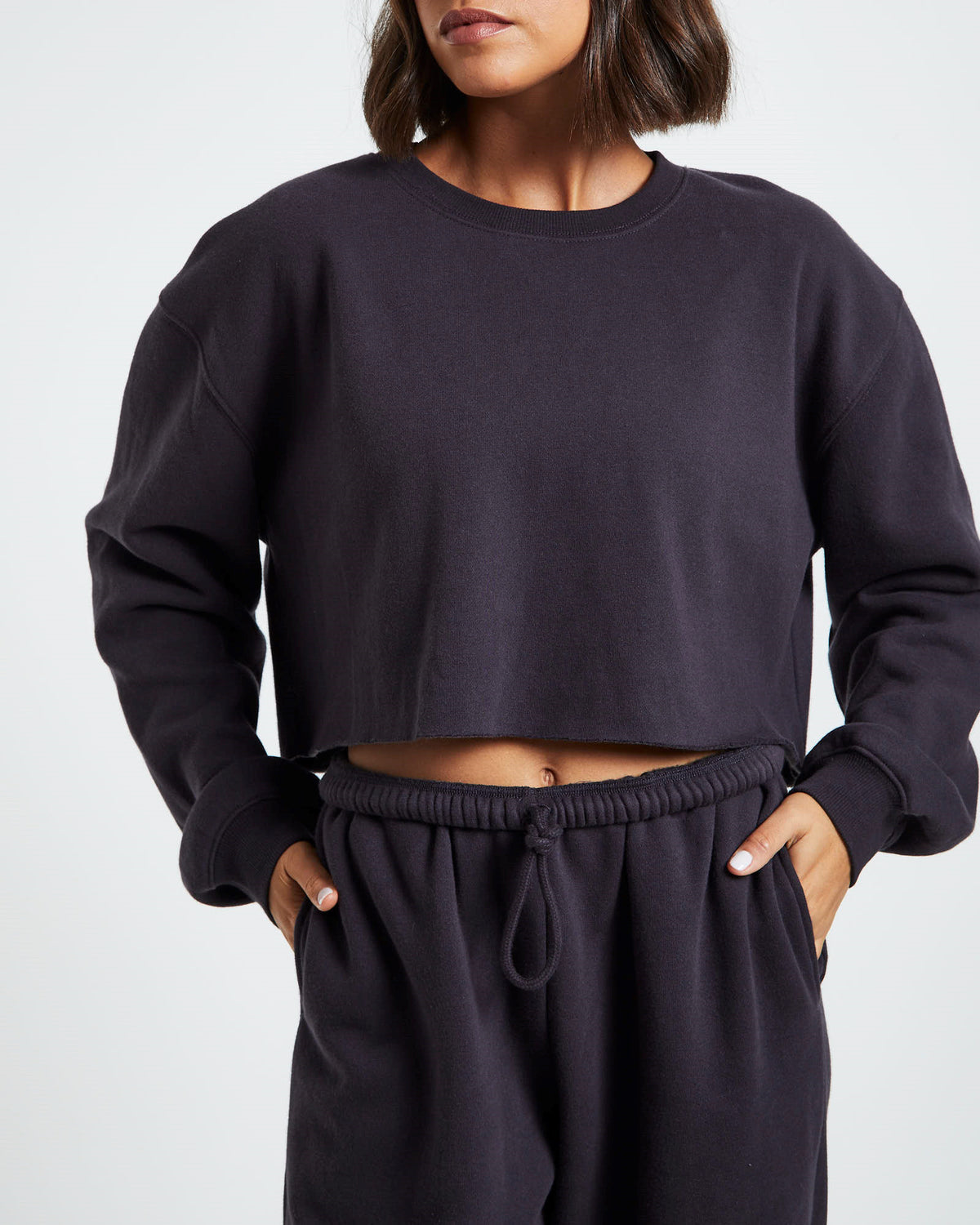 Cropped Raw Hem Fleece Jumper Washed Black BLACK