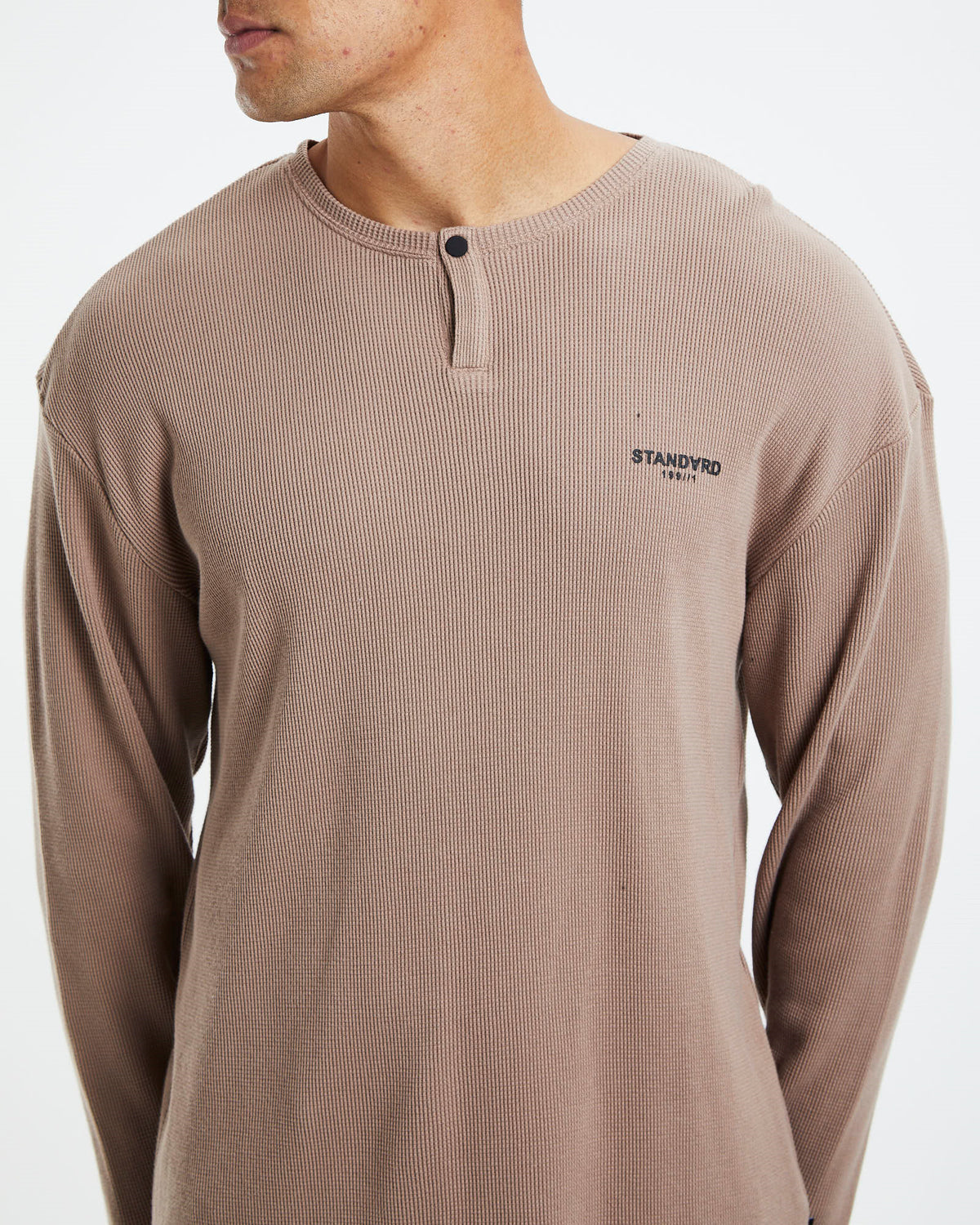Waffle Henley Long Sleeve T-Shirt Dirt Brown BROWN