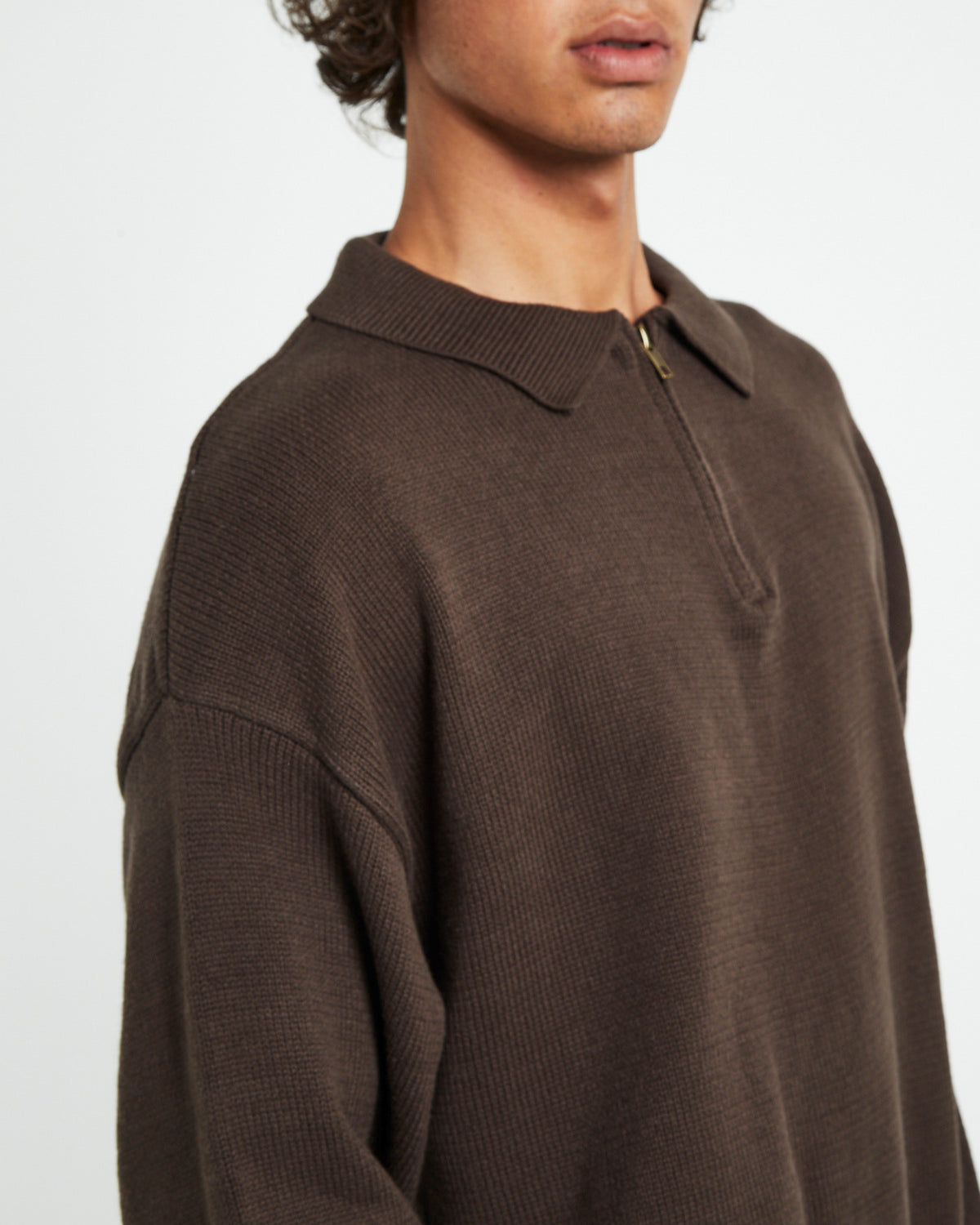 Relaxed Cable Knit Zip Through Umber Brown BROWN