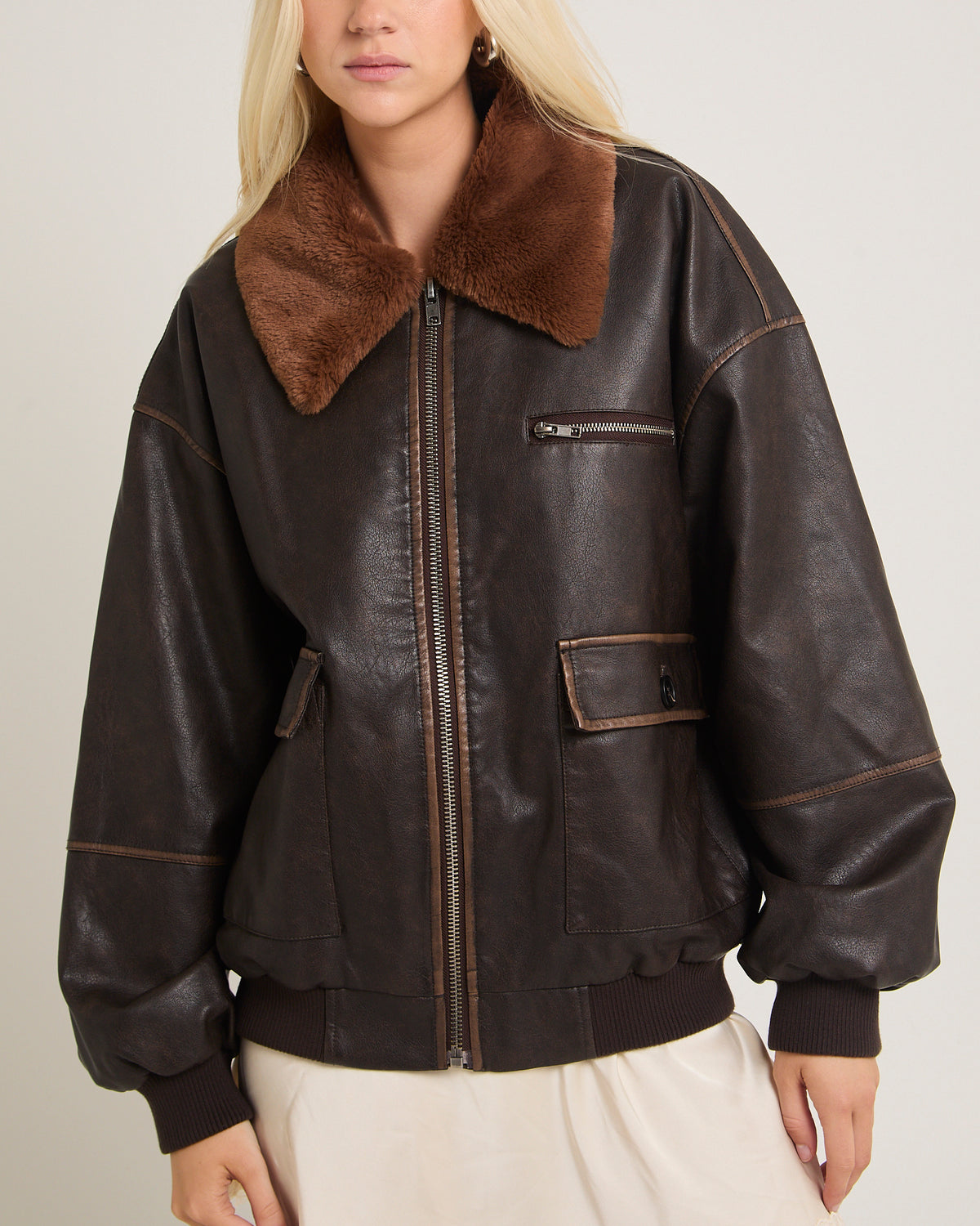 Cody Fur Trim Distressed PU Jacket BROWN