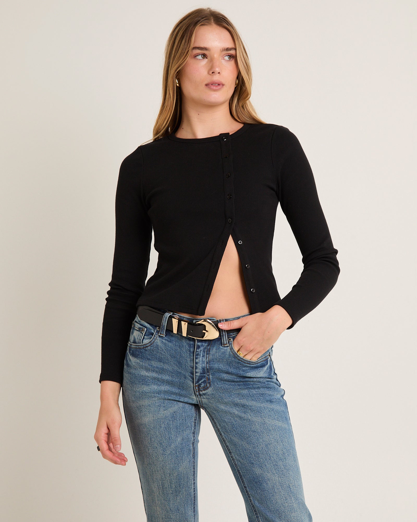 Maddy Button Asymmetric Top BLACK