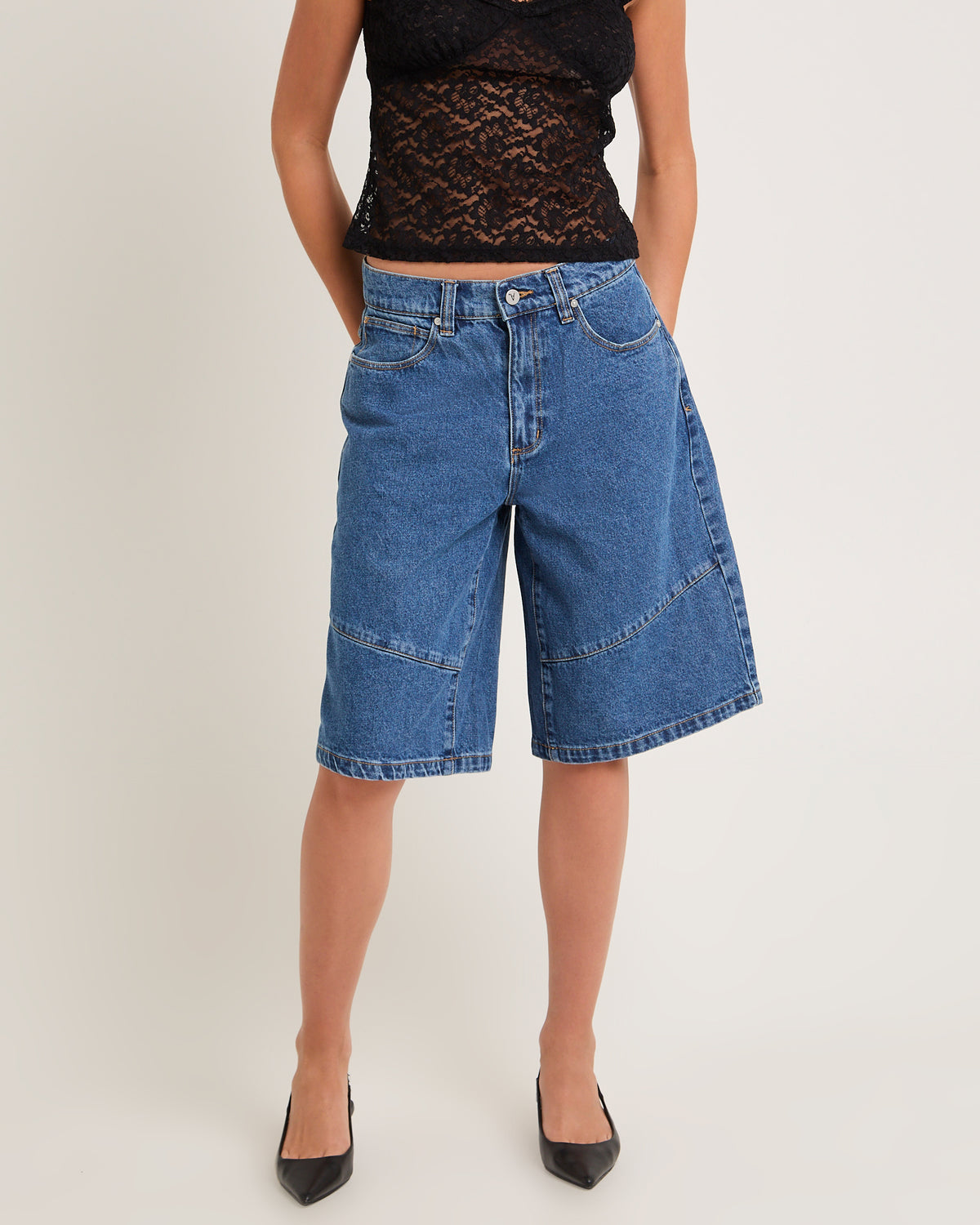 95 Super Baggy Denim Jorts Panels Bella MID BLUE