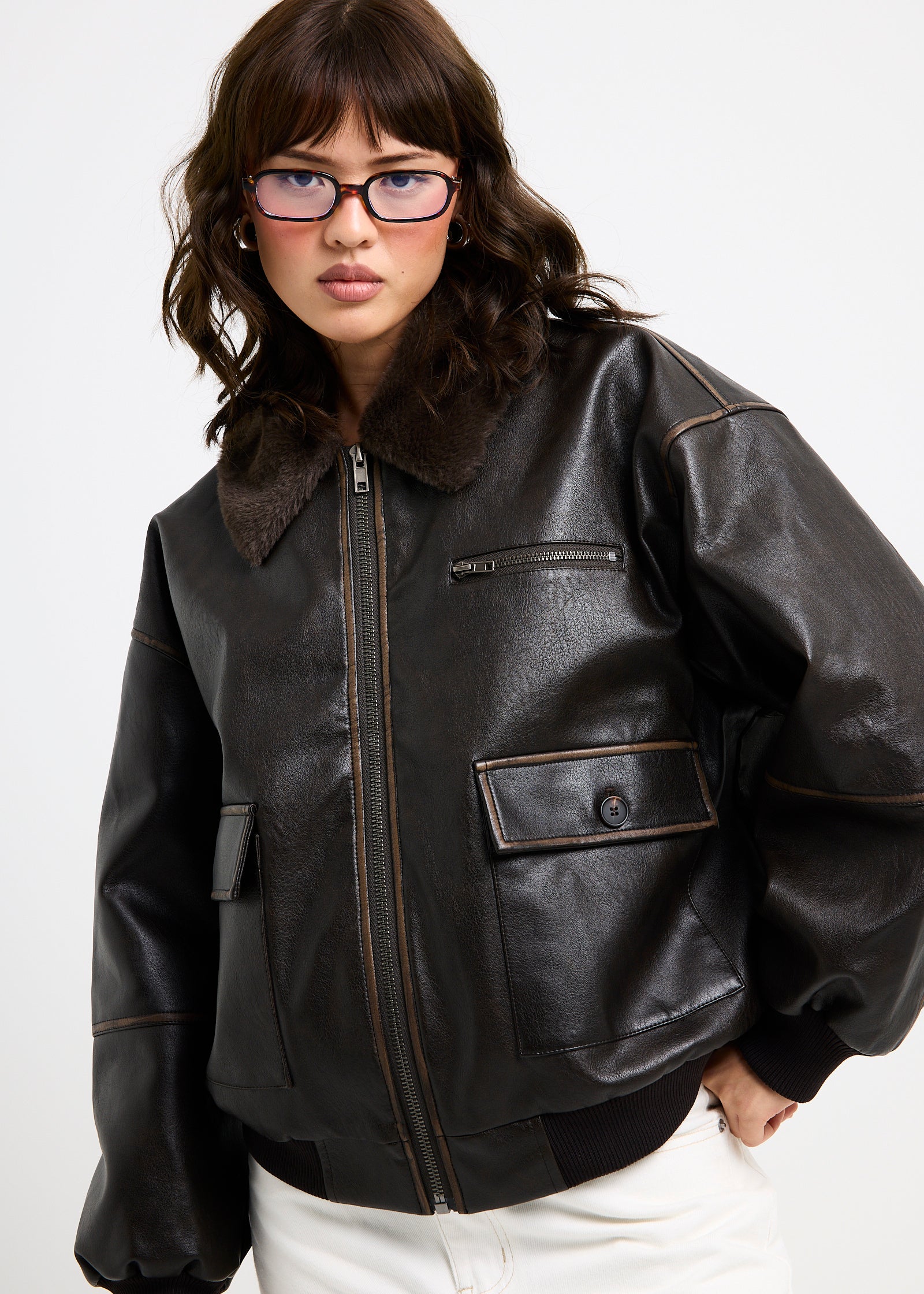 Cody Fur Trim Distressed PU Jacket BROWN