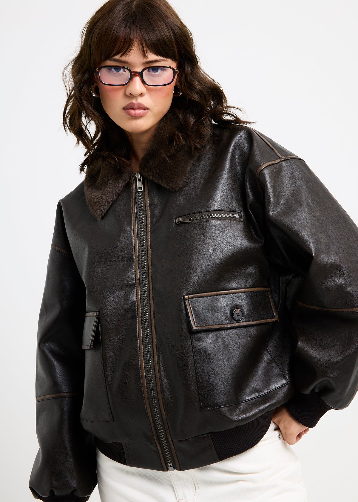 Cody Fur Trim Distressed PU Jacket BROWN