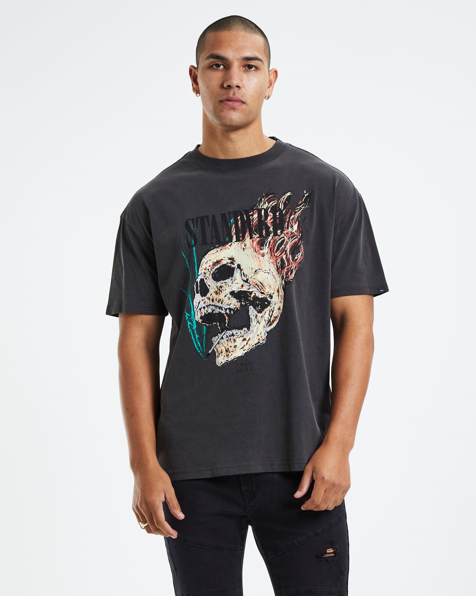 Flame Skull T-Shirt Vintage Black BLACK