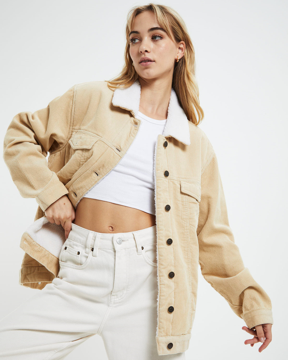 Athena Borg Longline Cord Jacket Oat OFF WHIT