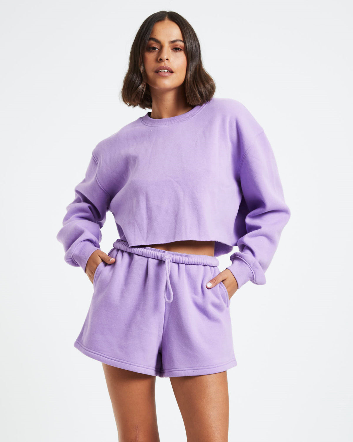 Cropped Raw Hem Fleece Jumper Purple PURPLE