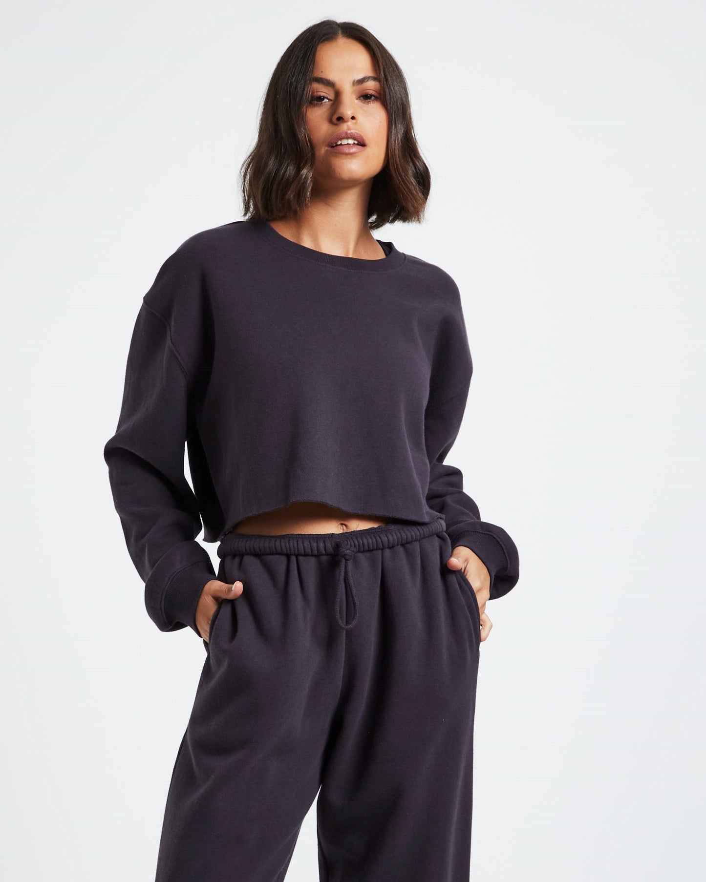 Cropped Raw Hem Fleece Jumper Washed Black