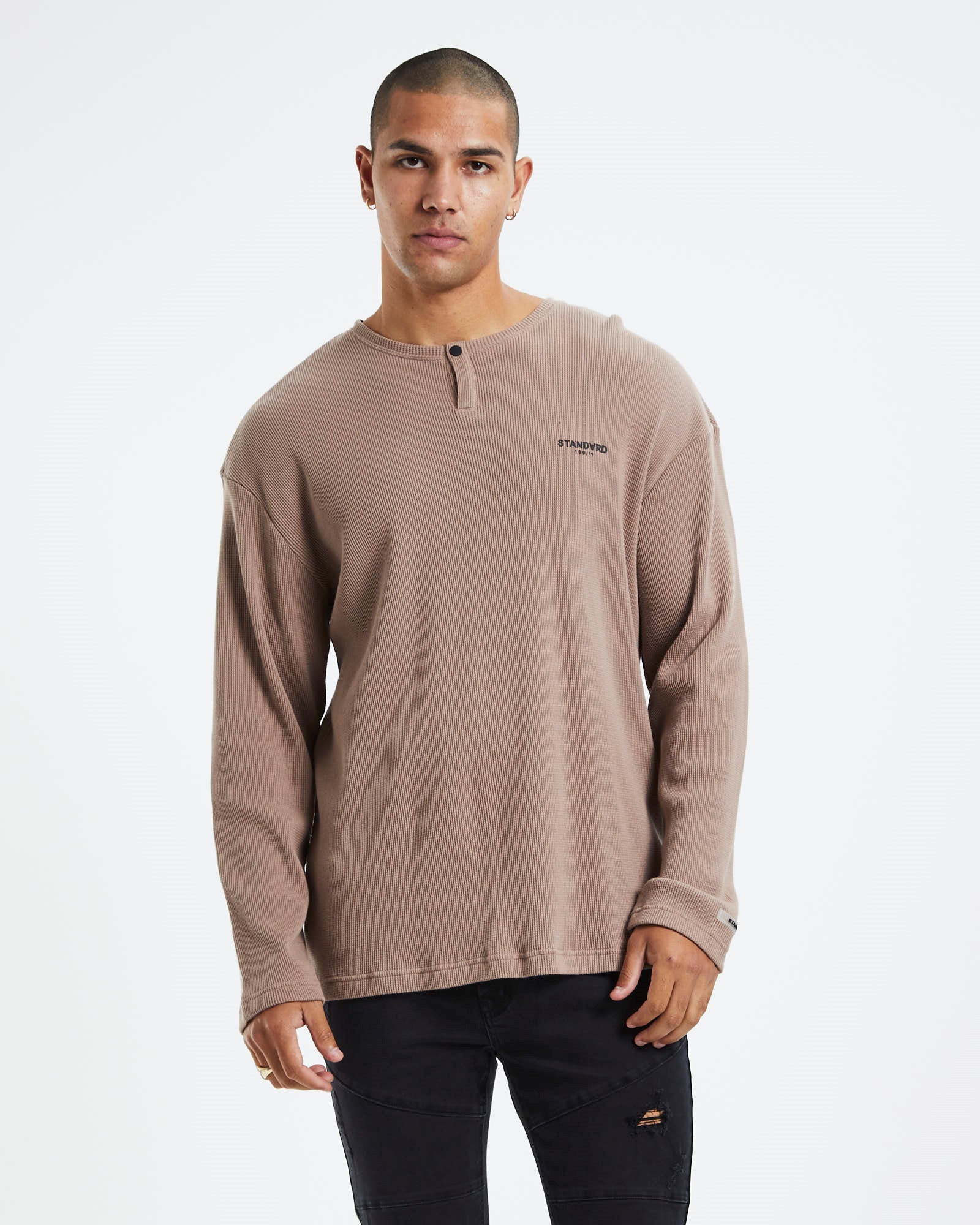 Waffle Henley Long Sleeve T-Shirt Dirt Brown BROWN