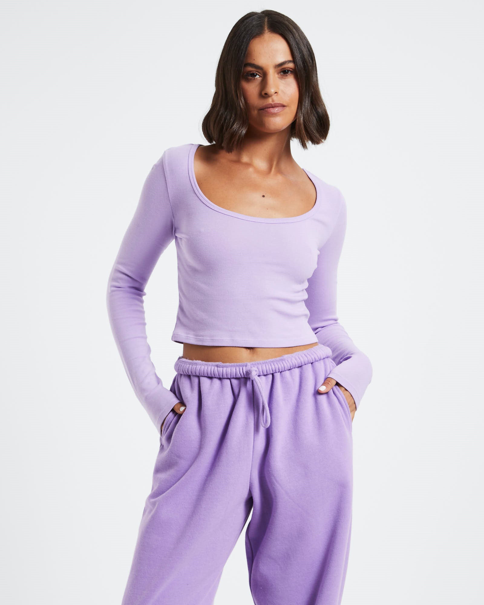 Scoop Neck Long Sleeve Crop Top Purple PURPLE