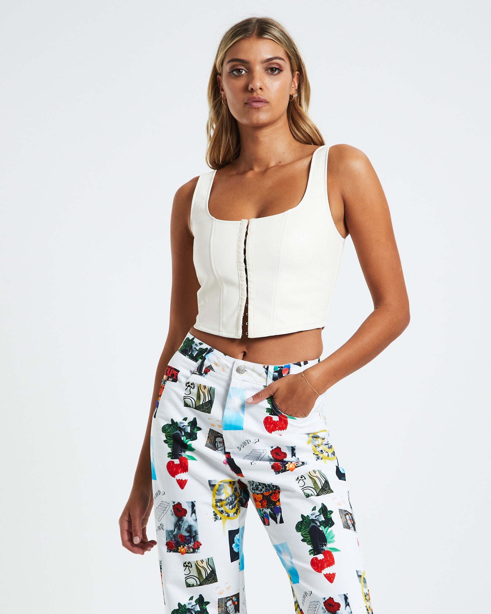 Kora Hook Front Leather Look Corset White WHITE