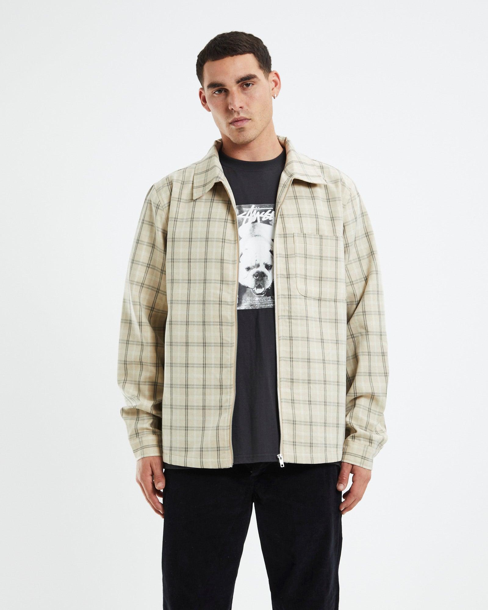 Check Zip Up Long Sleeve Shirt Sand SAND