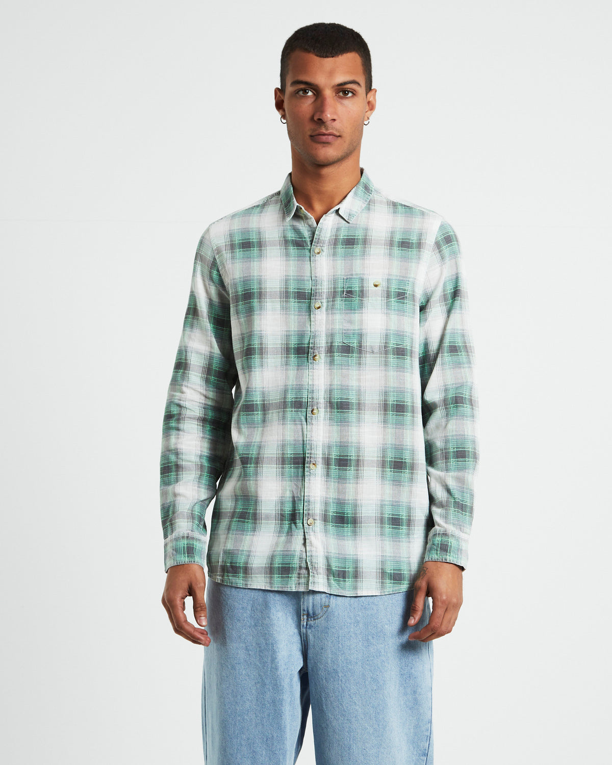Men At Work Tradie Check Long Sleeve Shirt in Moss Green GREEN