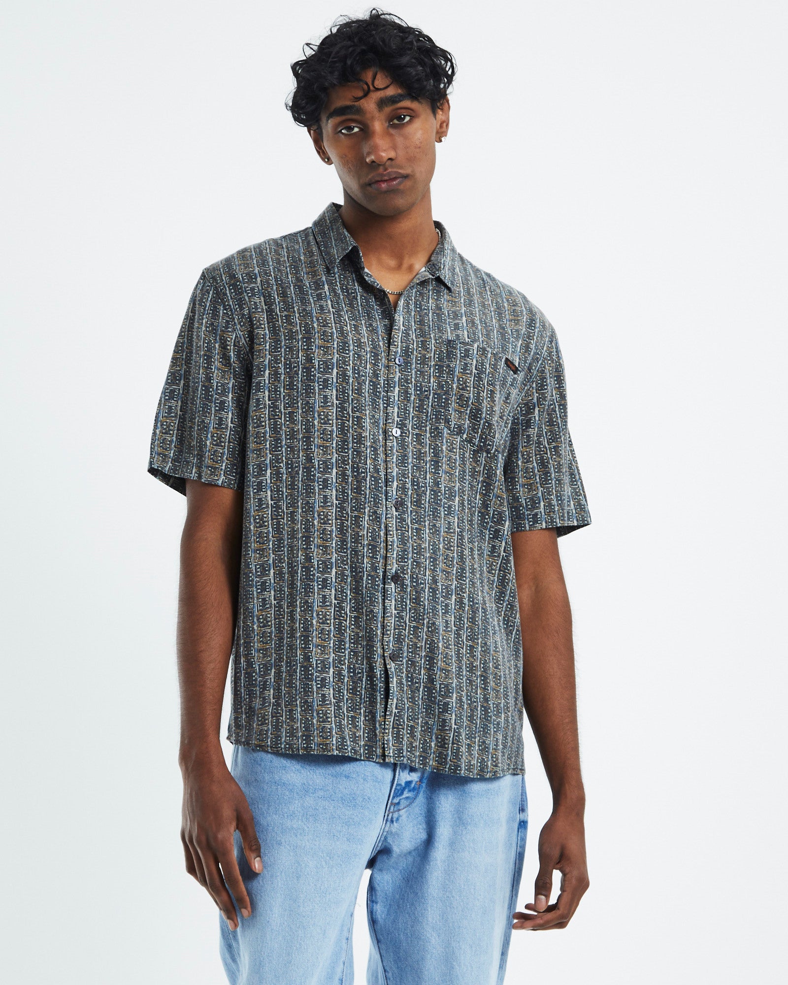 Garageland Short Sleeve Shirt Tony Stripe Blue BLACK