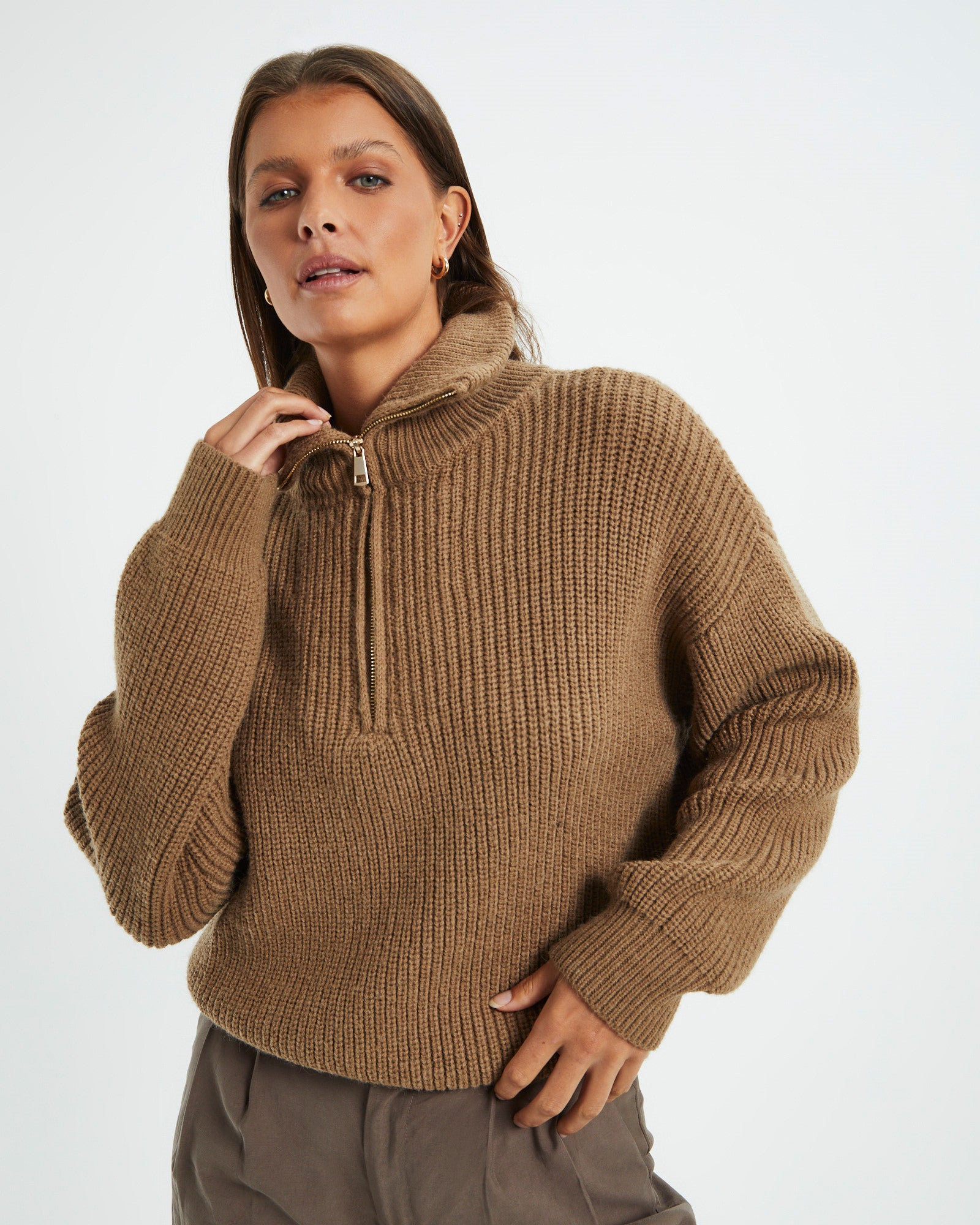 Ezra Half Zip Knit Pull Over Hazelnut BROWN