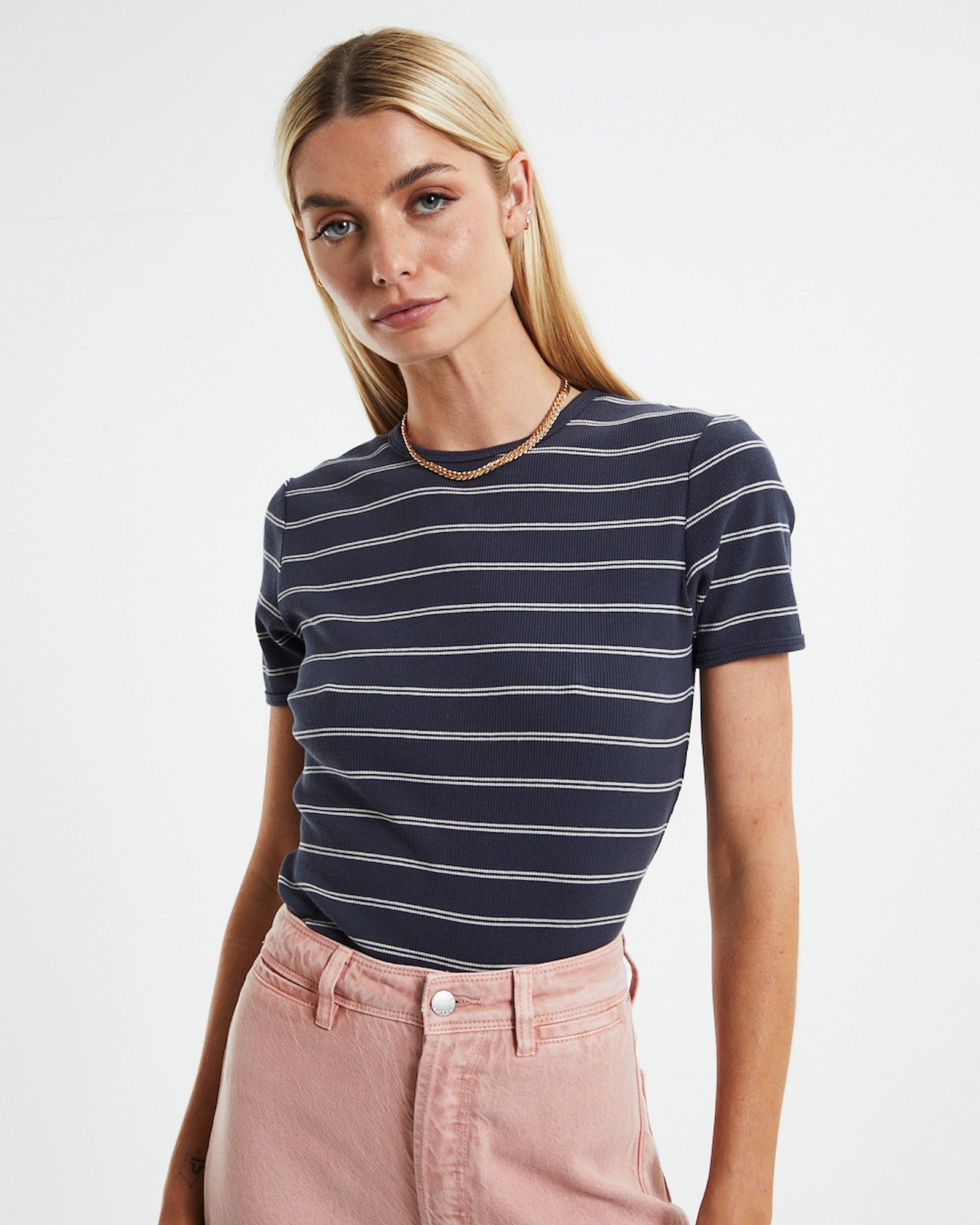 Alex Stripe Baby Rib T-Shirt Faded Black BLACK