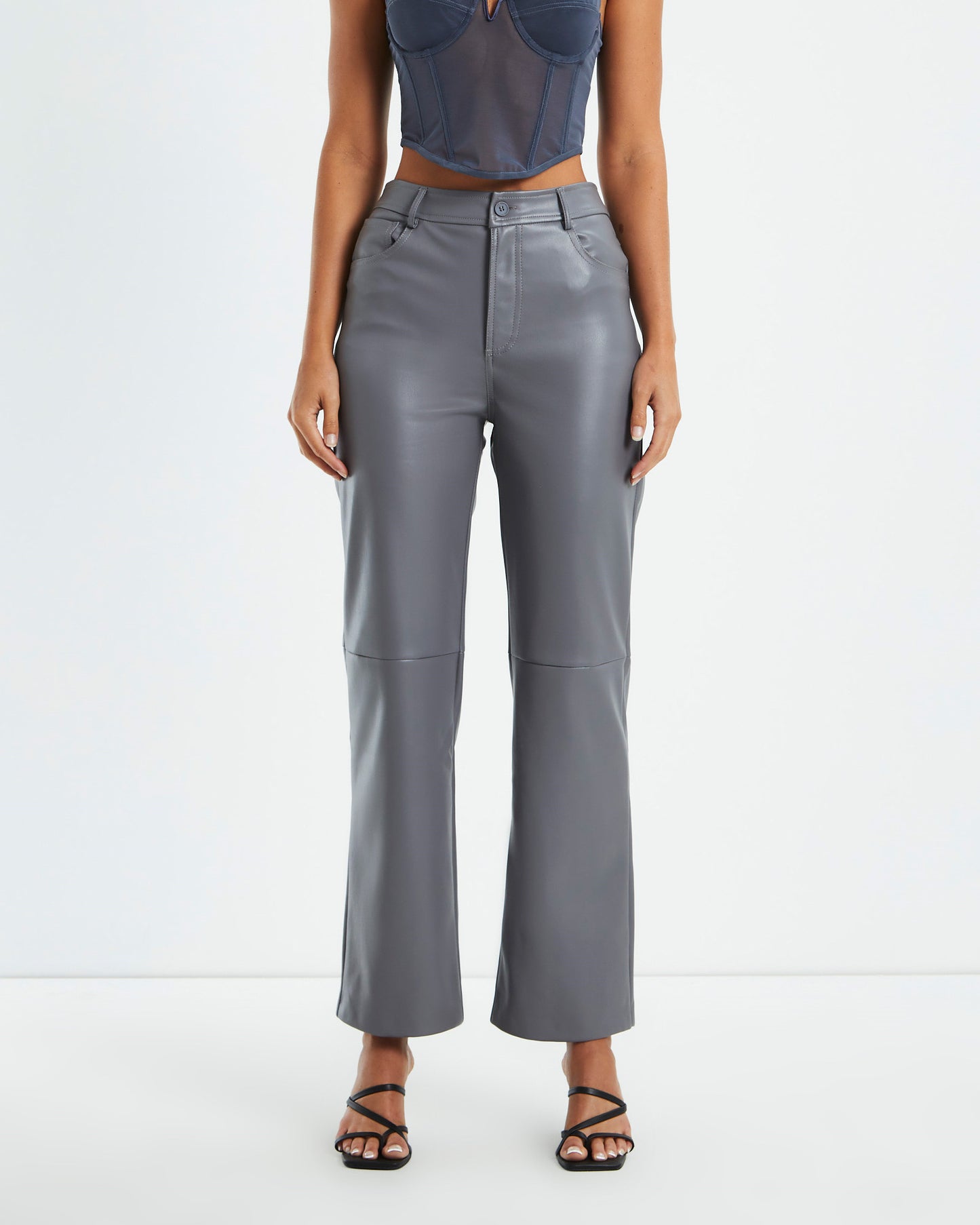 Karli Leather Look Straight Leg Pants Grey