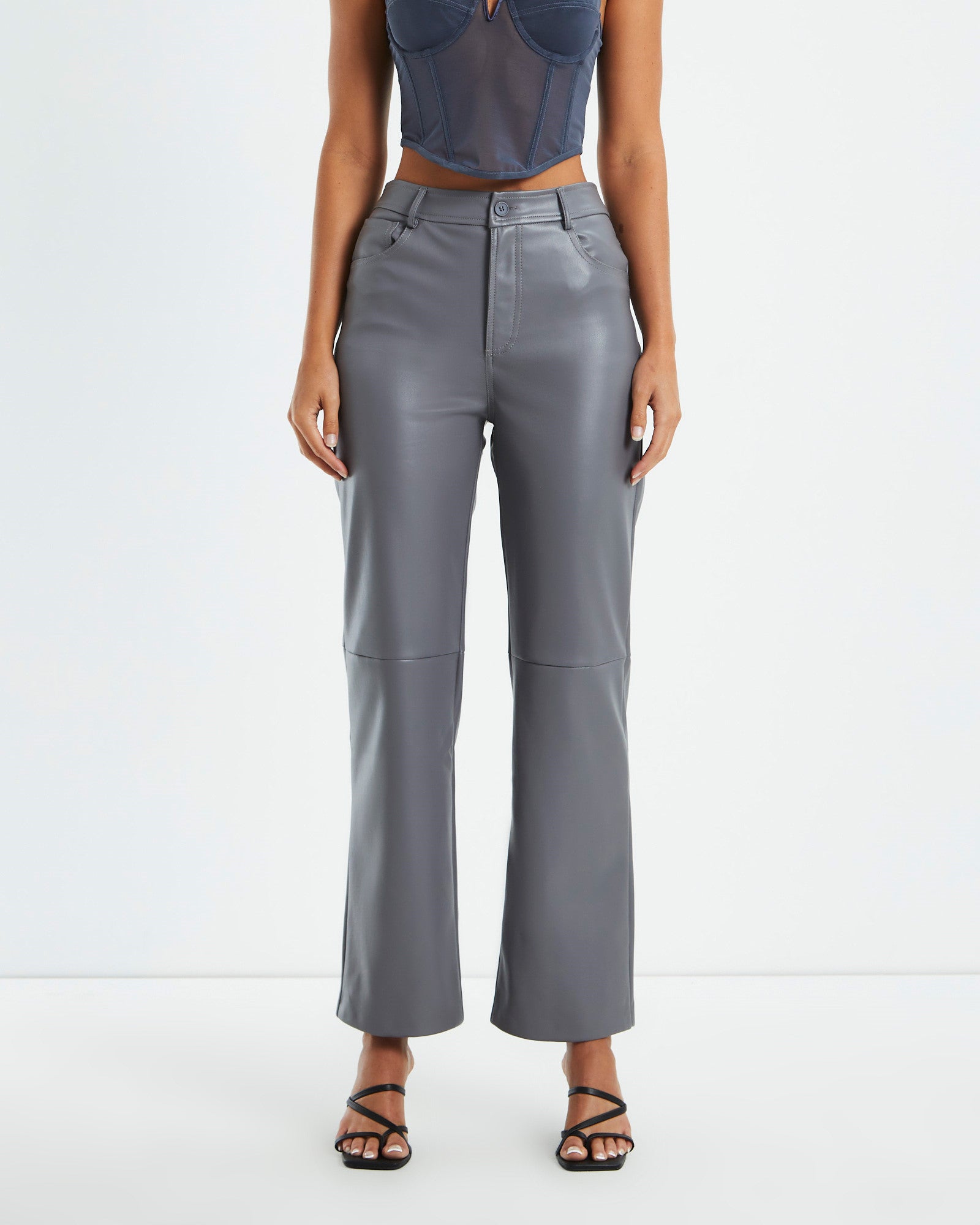 Karli Leather Look Straight Leg Pants Grey GREY