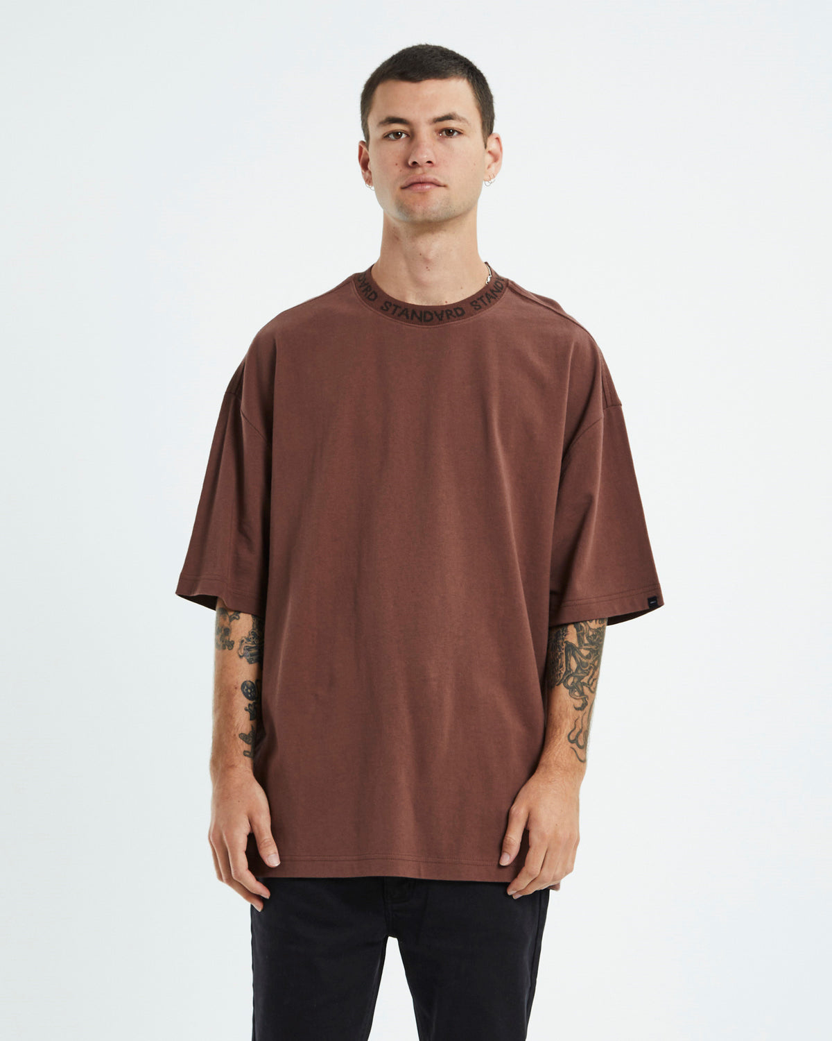 Collar Short Sleeve T-Shirt Dirty Brown BROWN