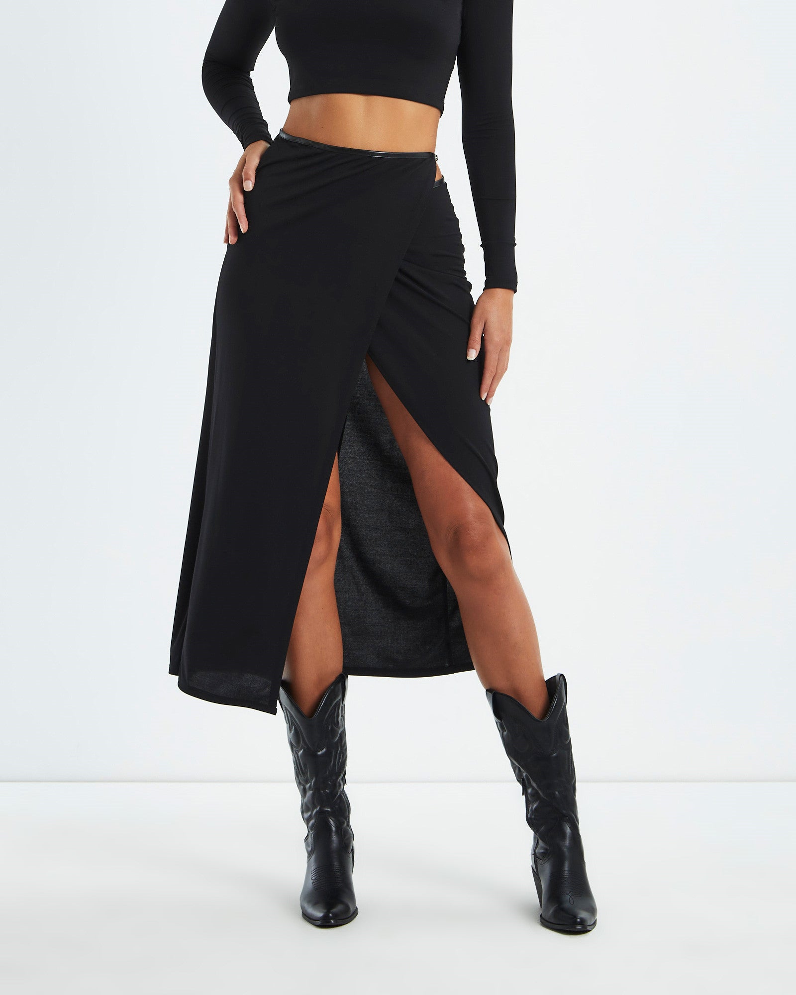Gemma PU Trim Wrap Midi Skirt Black BLACK