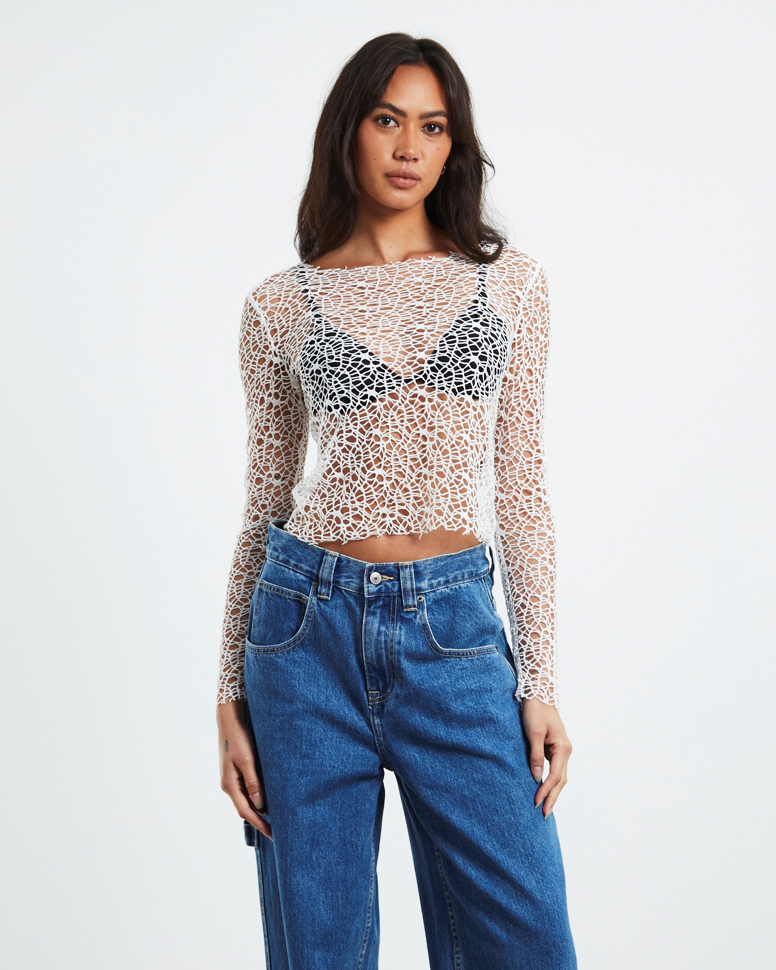 Minka Net Knit Long Sleeve Top White WHITE
