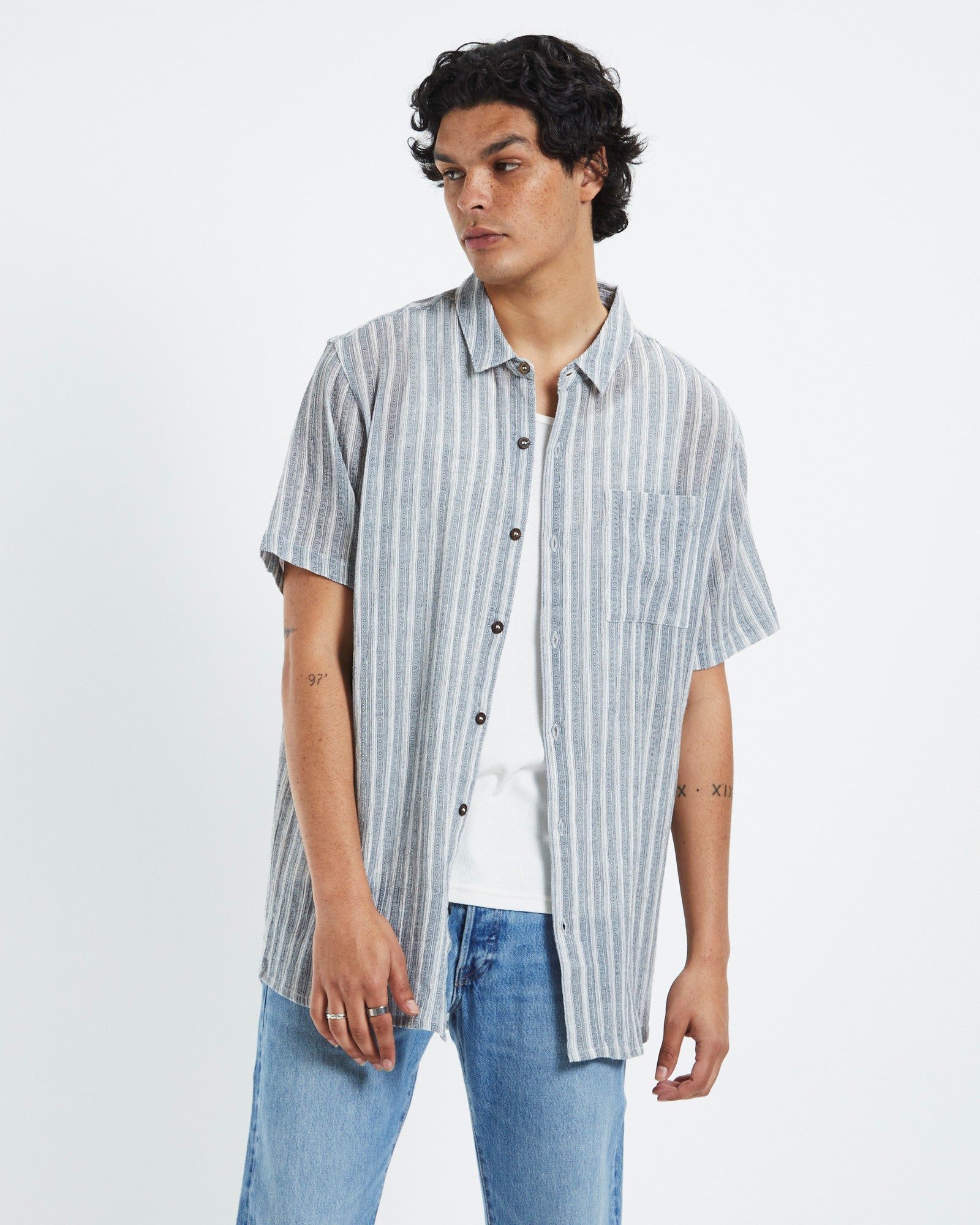 Bon Sun Stripe Short Sleeve Shirt Grey GREY