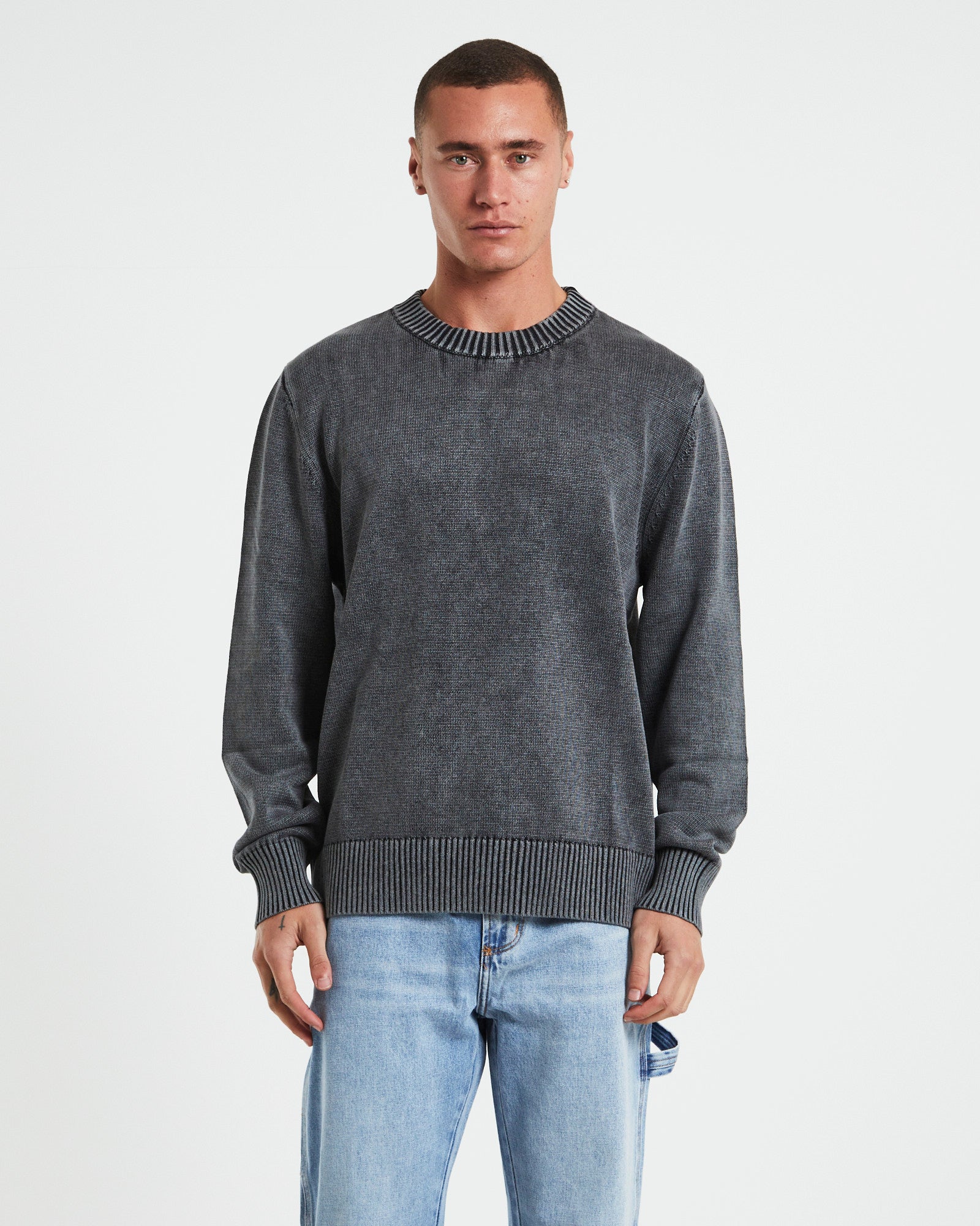 Strummer Acid Wash Long Sleeve Knit in Dark Charcoal GREY