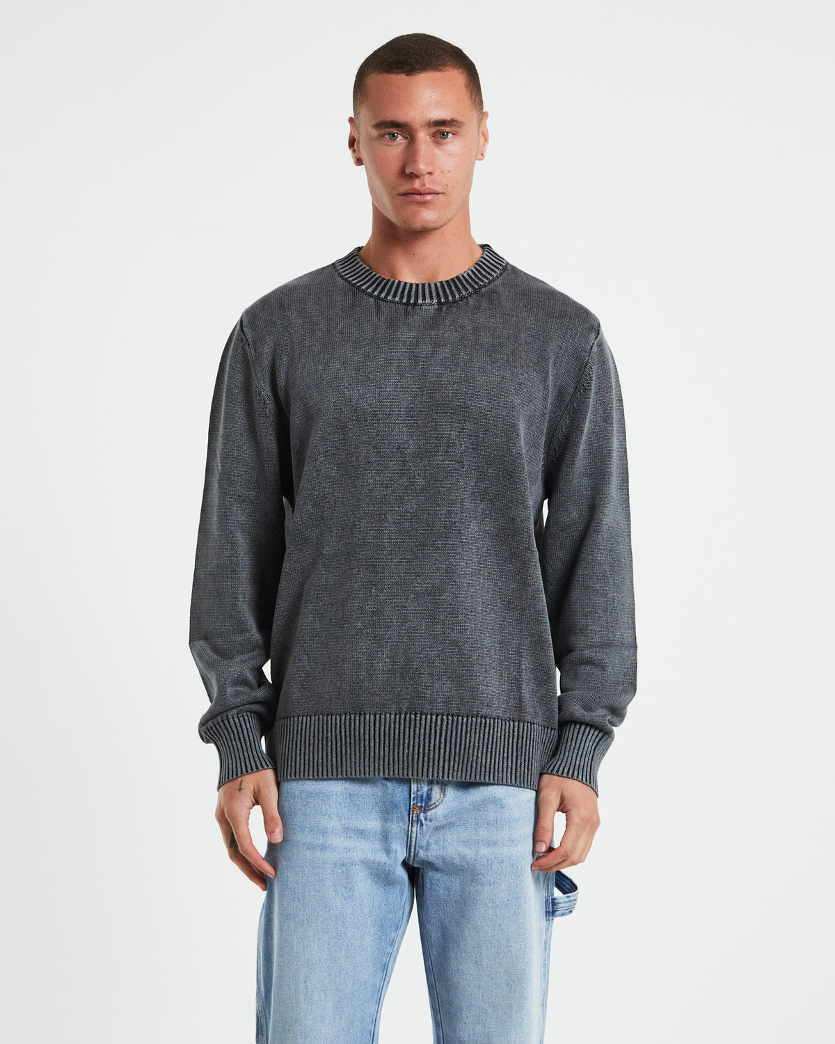 Strummer Acid Wash Long Sleeve Knit in Dark Charcoal GREY