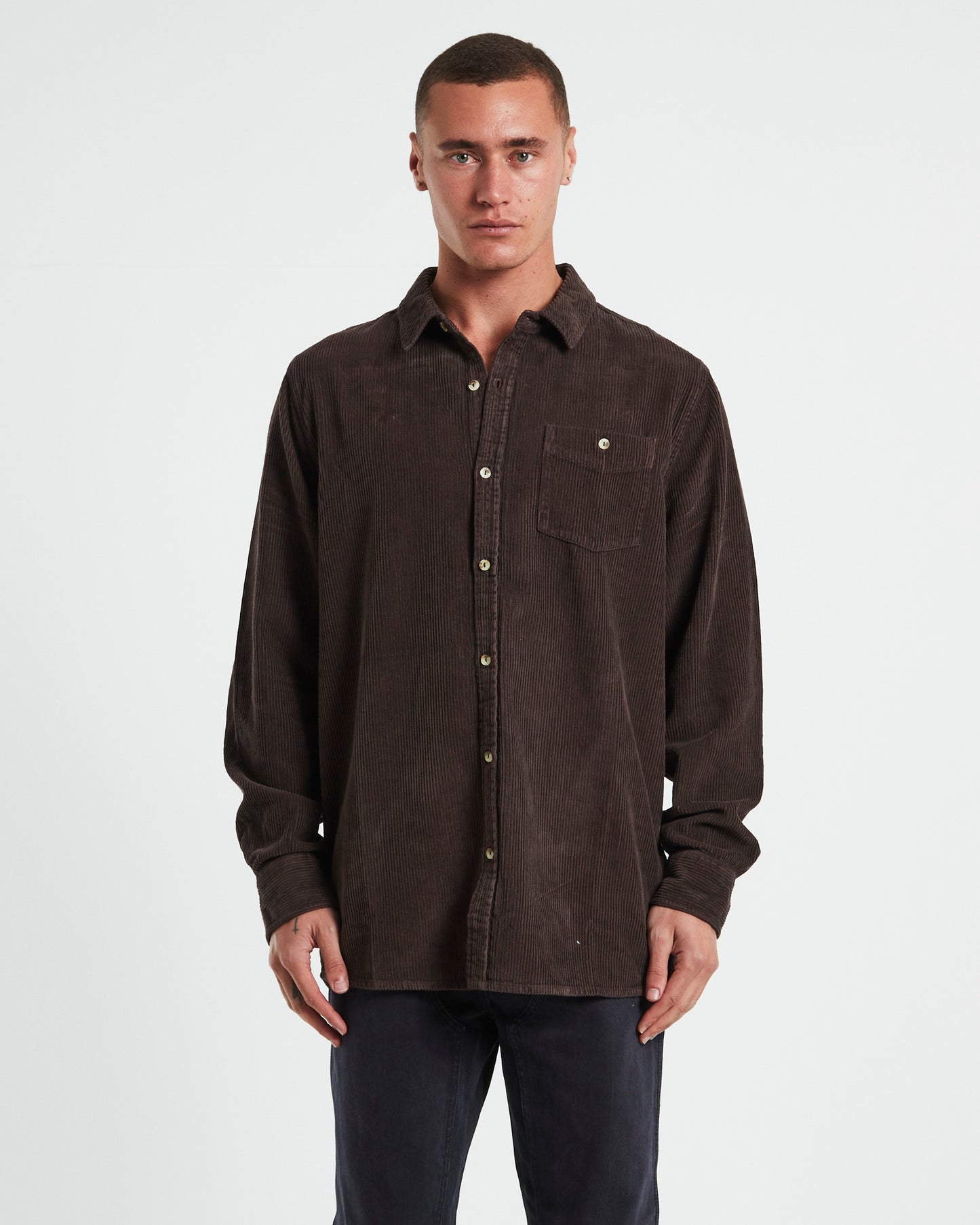 Men At Work Fat Cord Long Sleeve Shirt in Brown