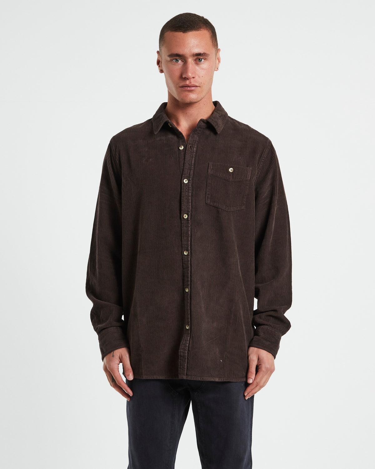 Men At Work Fat Cord Long Sleeve Shirt in Brown BROWN