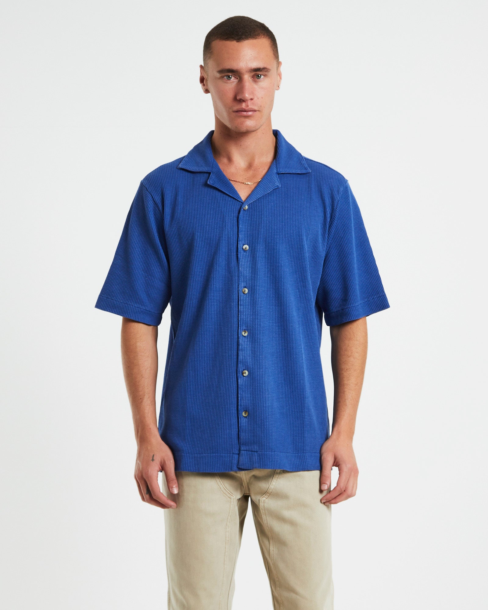 Waffle Bowler Short Sleeve Shirt in Cobalt Blue BLUE