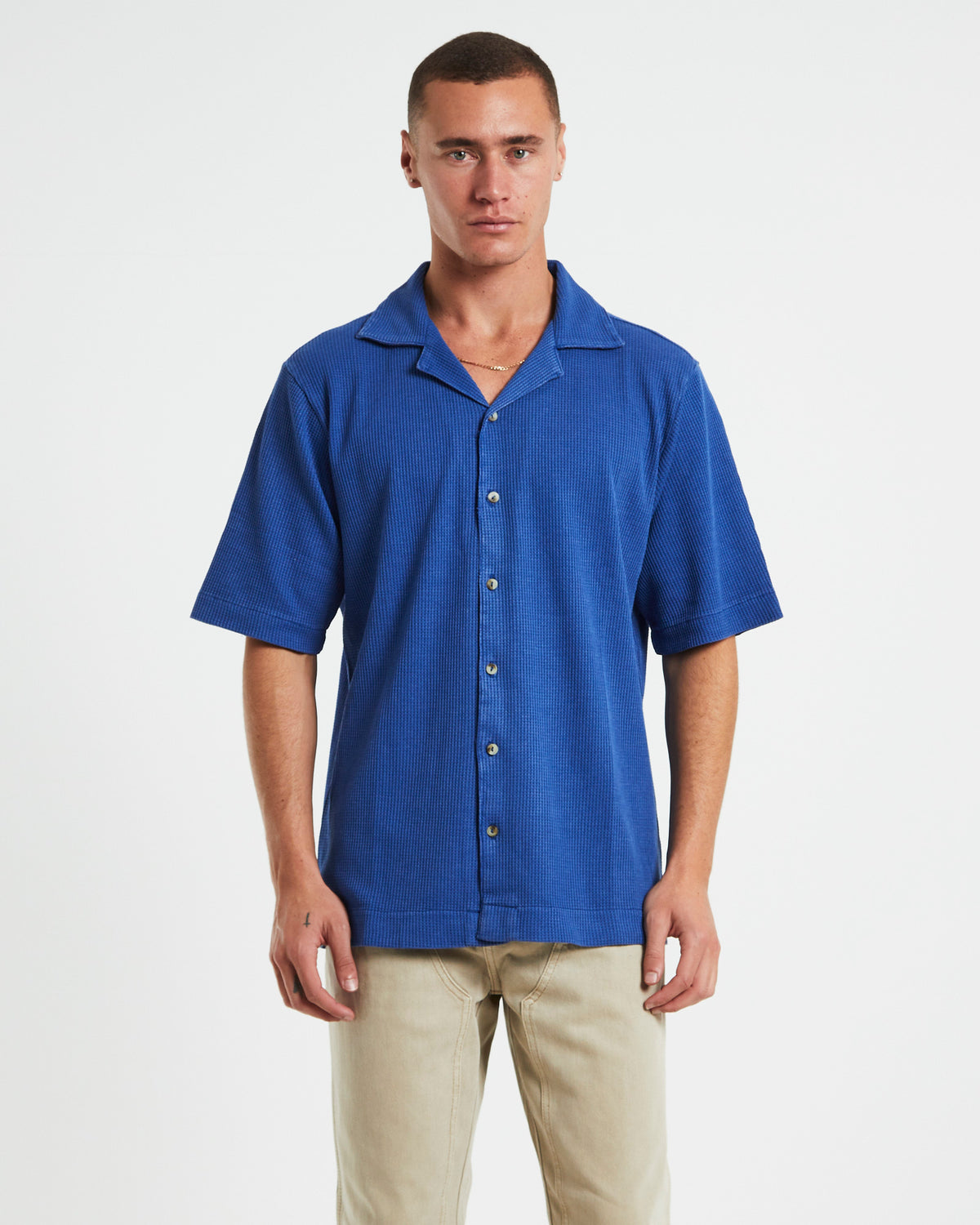 Waffle Bowler Short Sleeve Shirt in Cobalt Blue BLUE