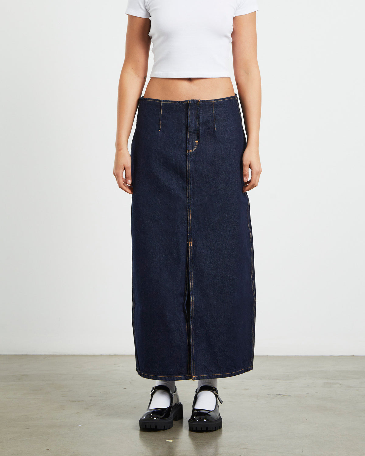 Recut Denim Maxi Skirt in Rinsed Denim Blue BLUE