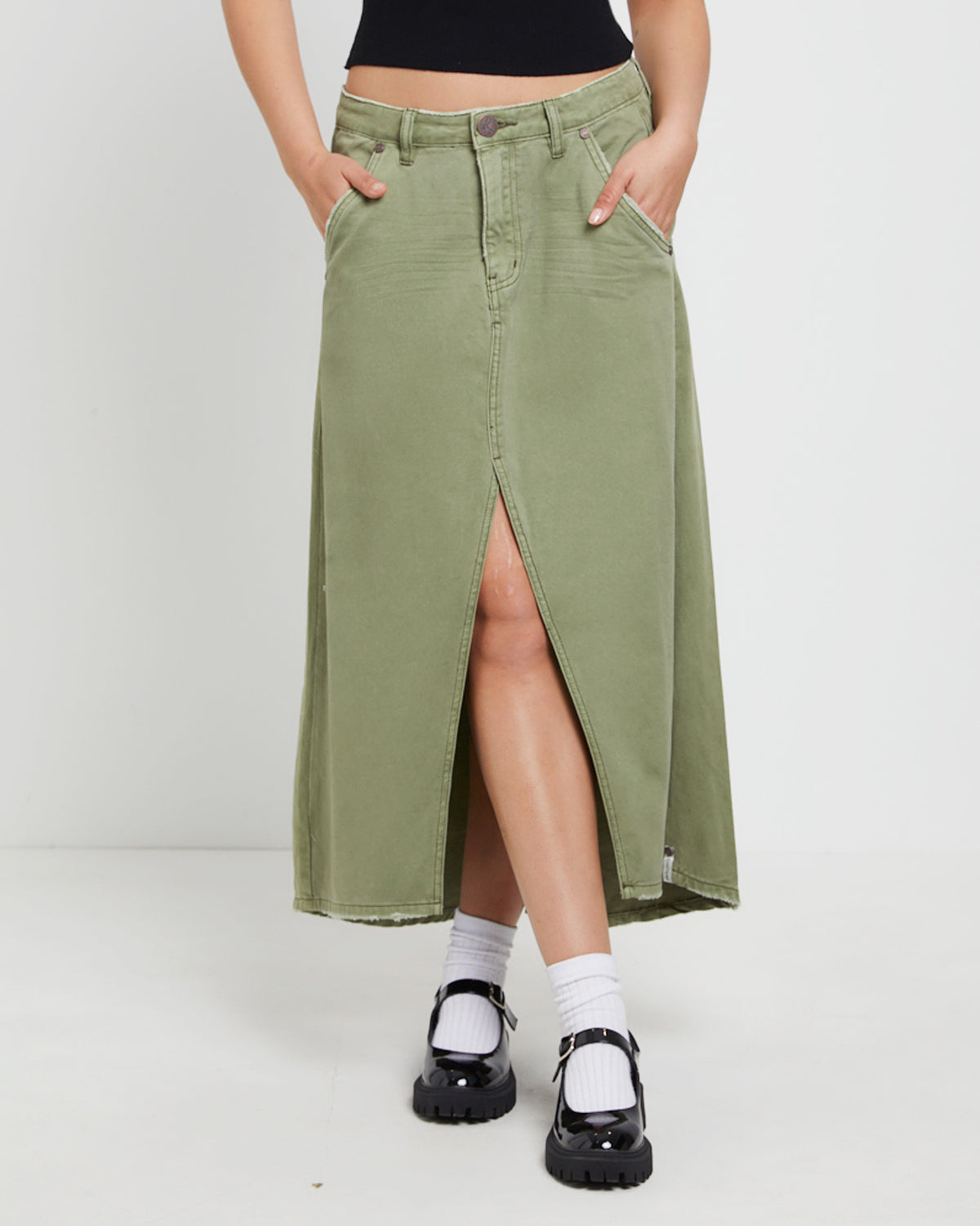 St Khaki Mrs Carter Long Denim Skirt in Green GREEN