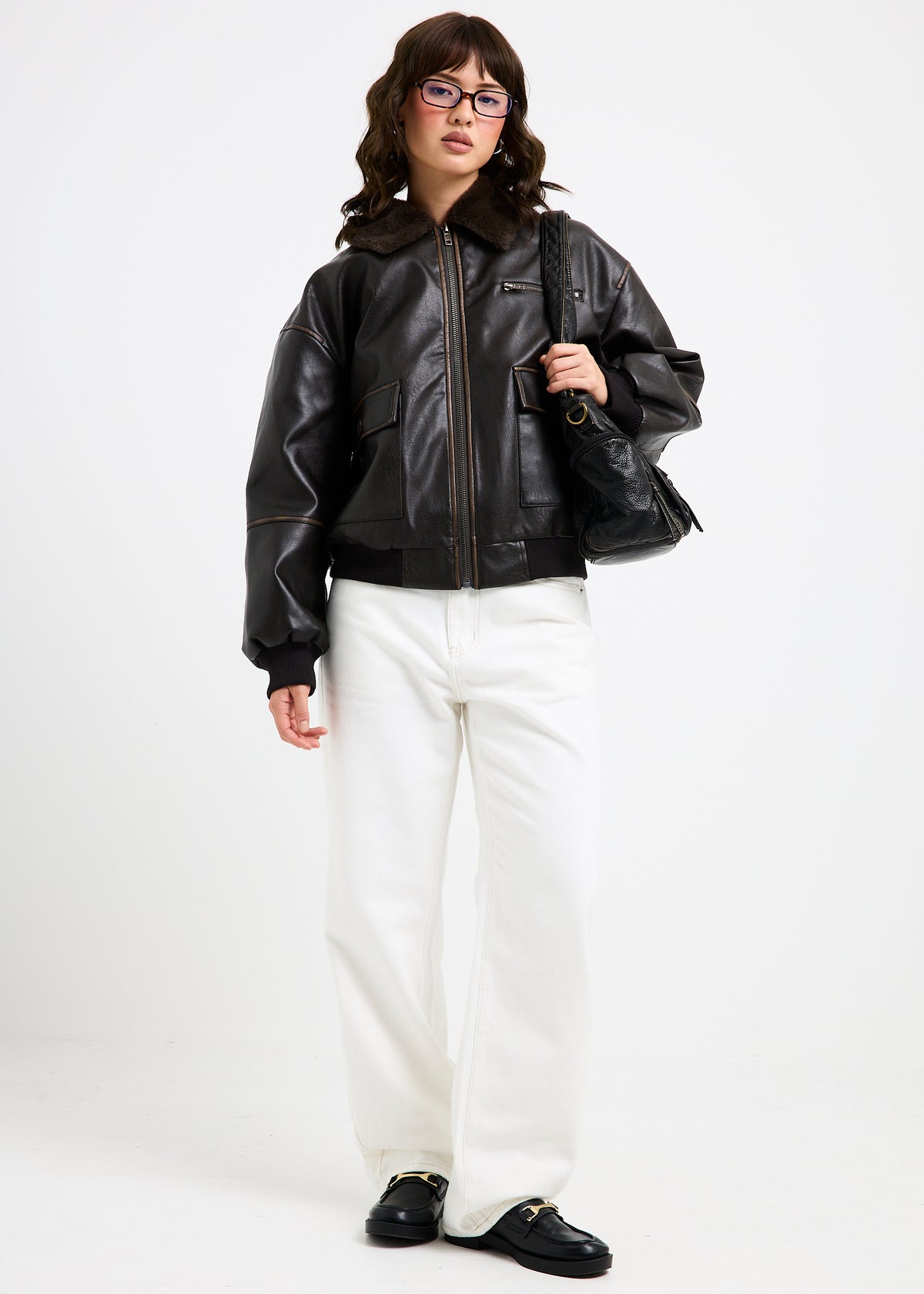 Cody Fur Trim Distressed PU Jacket BROWN