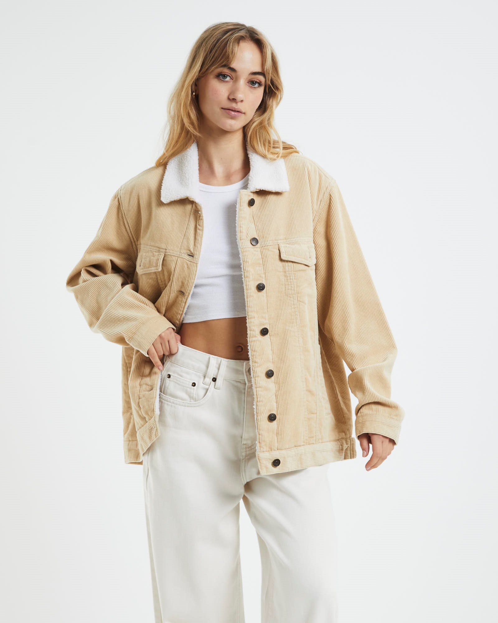 Athena Borg Longline Cord Jacket Oat OFF WHIT
