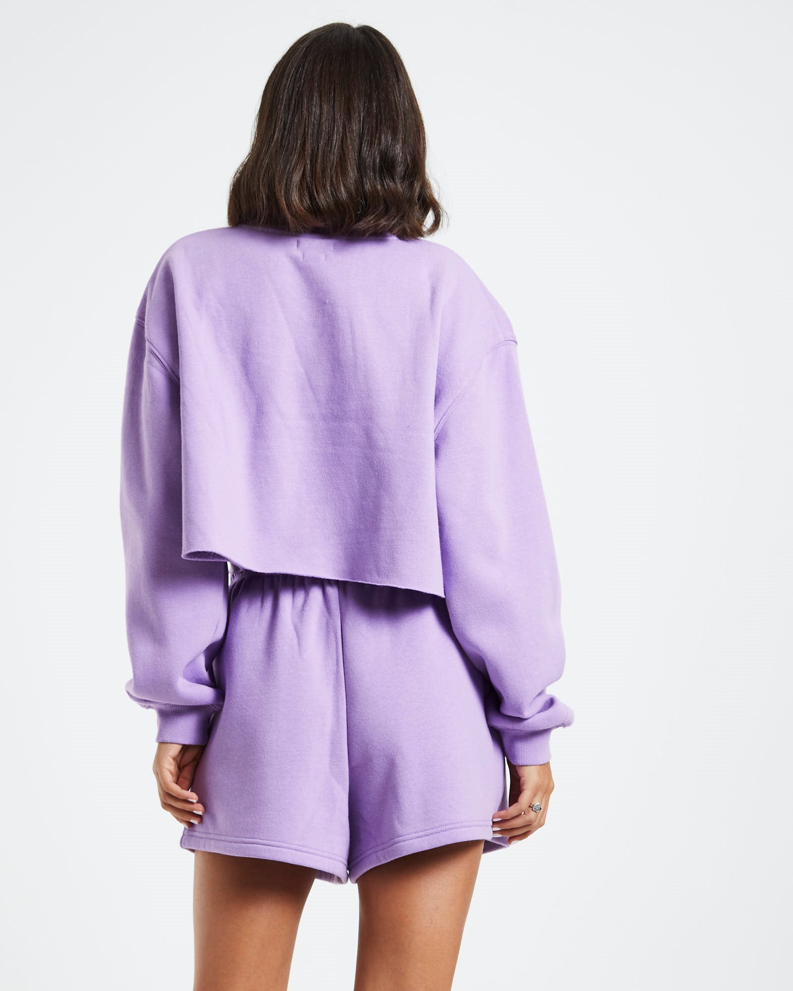 Cropped Raw Hem Fleece Jumper Purple PURPLE