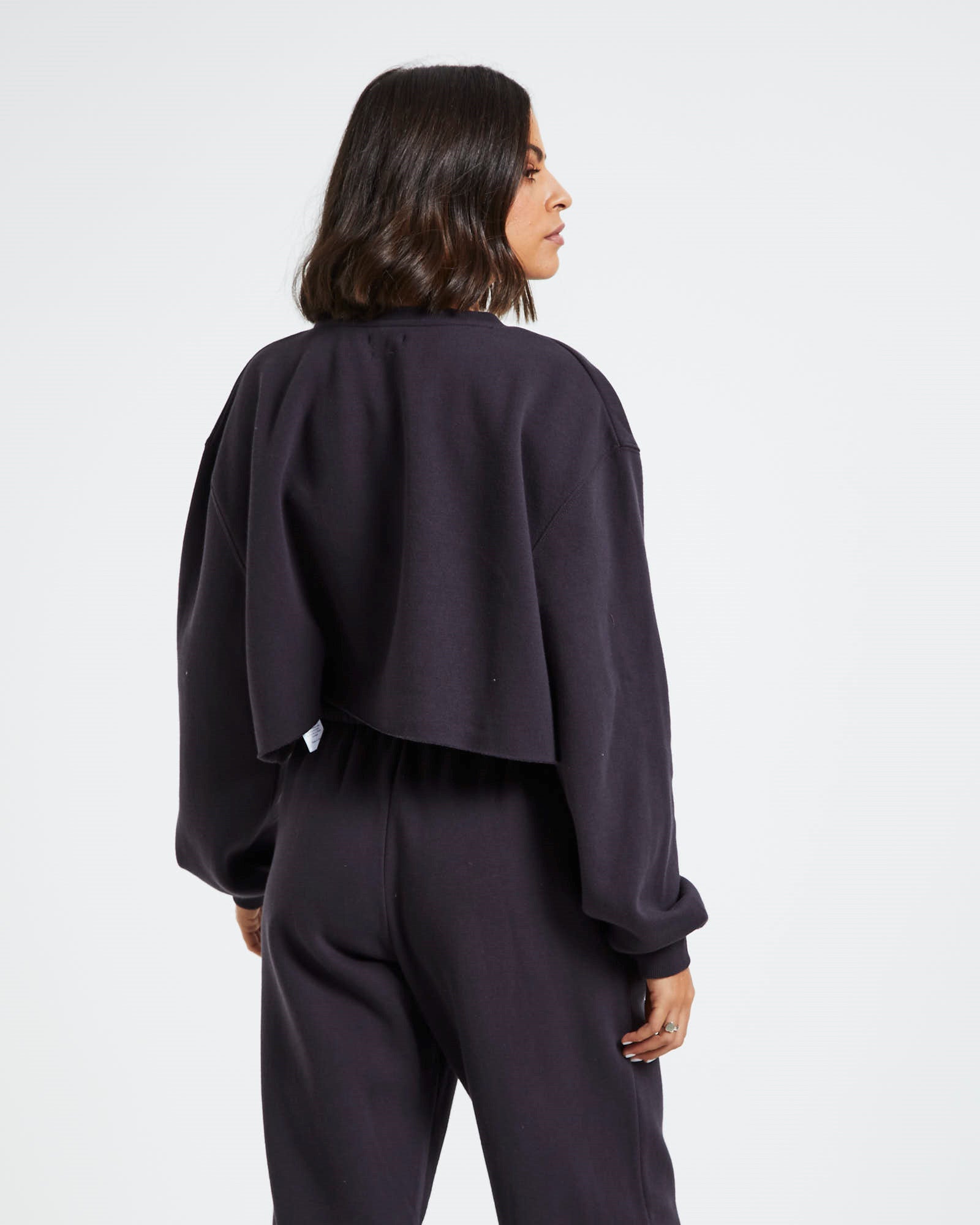 Cropped Raw Hem Fleece Jumper Washed Black BLACK