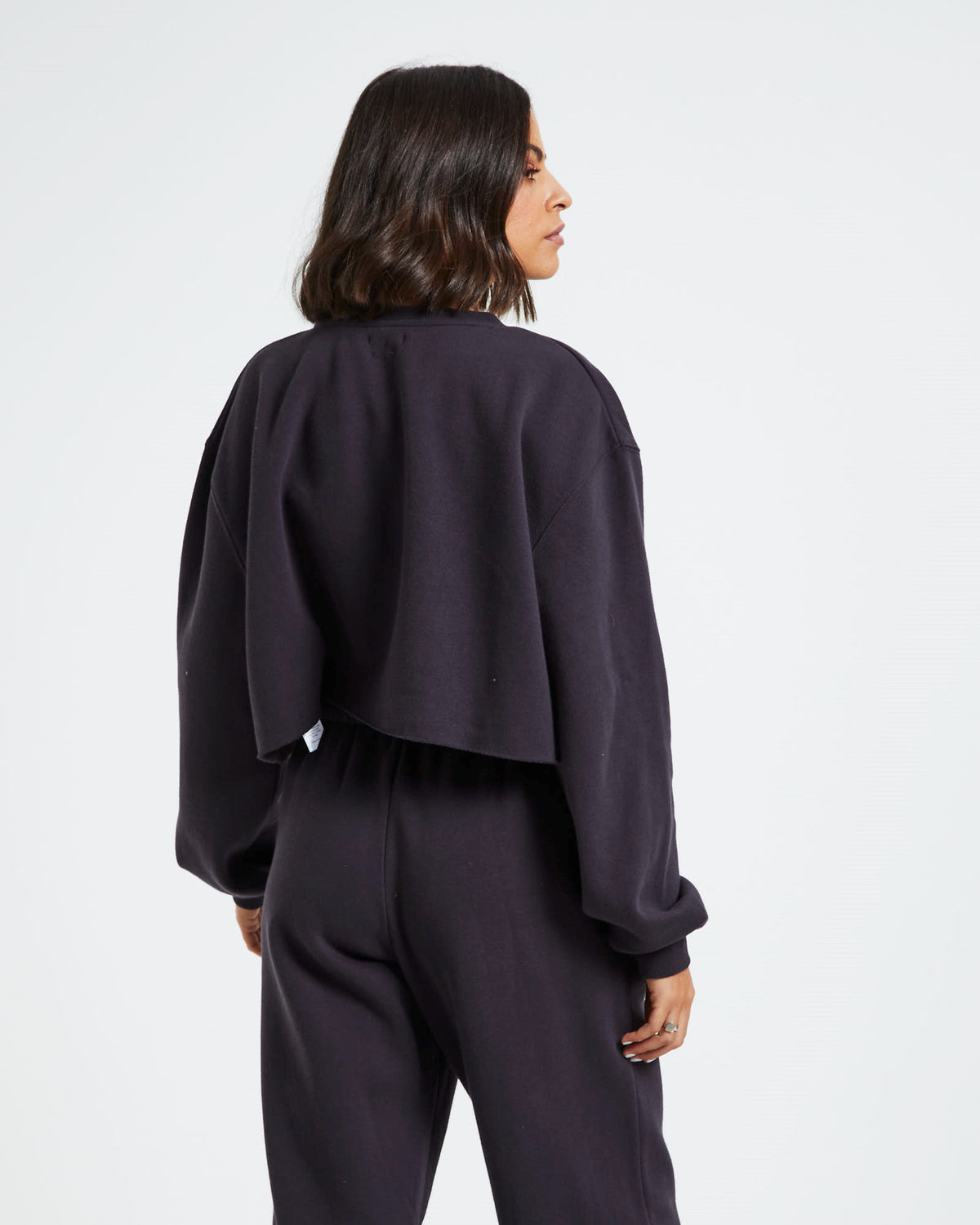 Cropped Raw Hem Fleece Jumper Washed Black BLACK