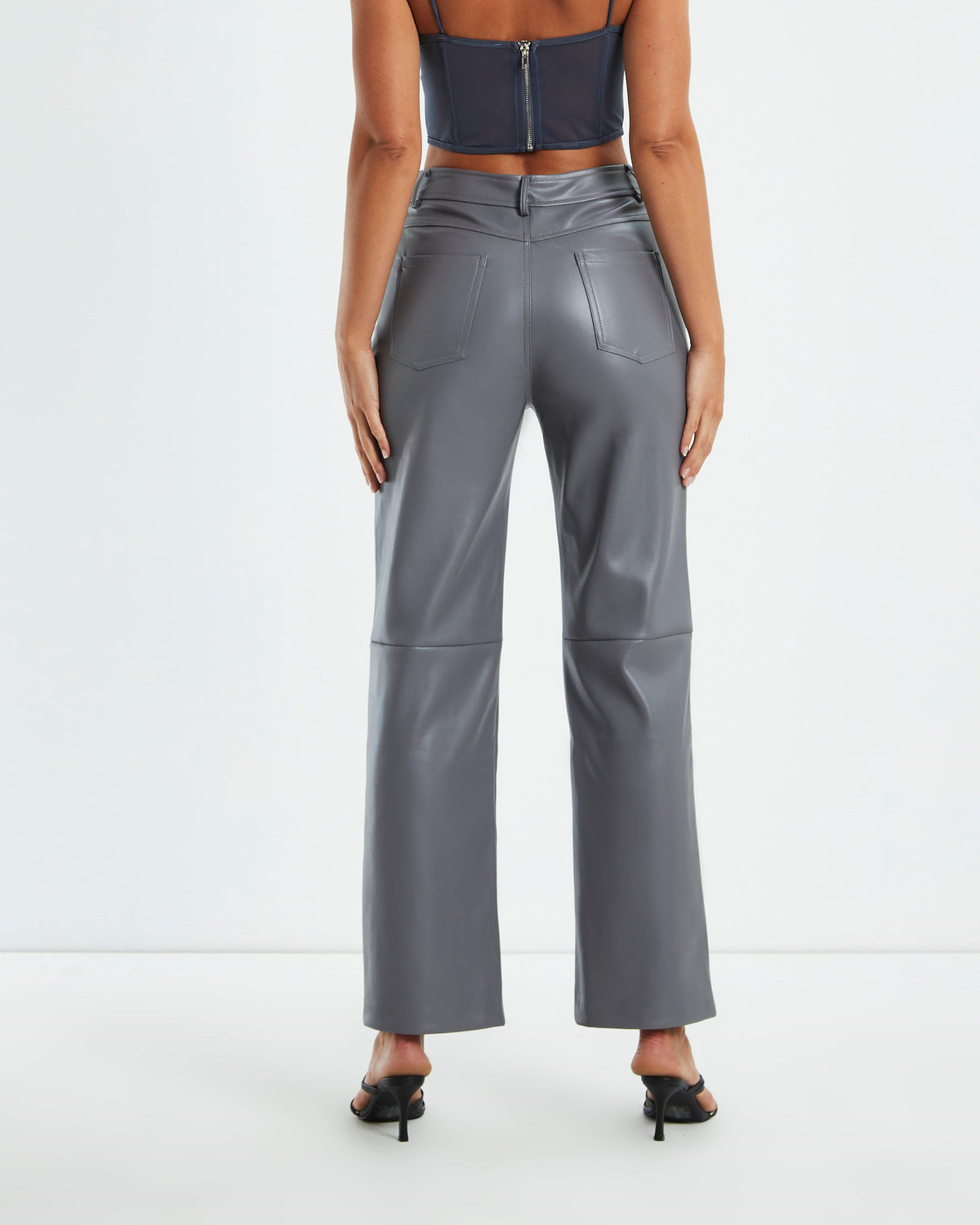 Karli Leather Look Straight Leg Pants Grey GREY