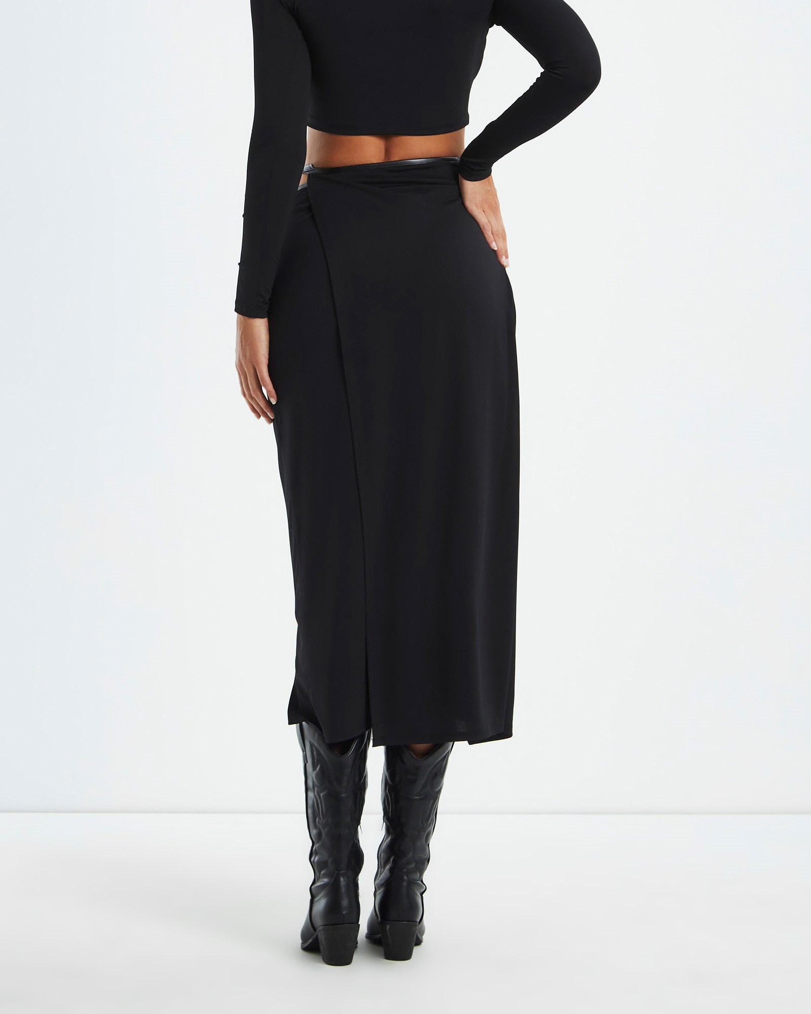 Gemma PU Trim Wrap Midi Skirt Black BLACK