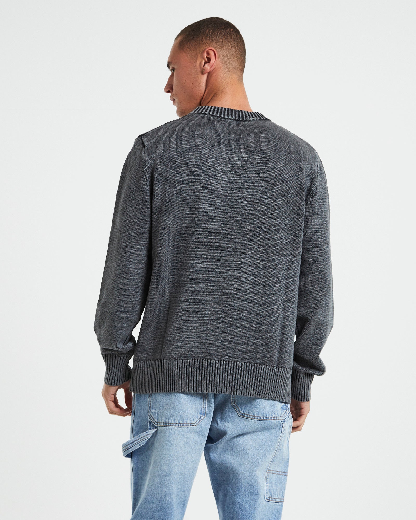 Strummer Acid Wash Long Sleeve Knit in Dark Charcoal GREY