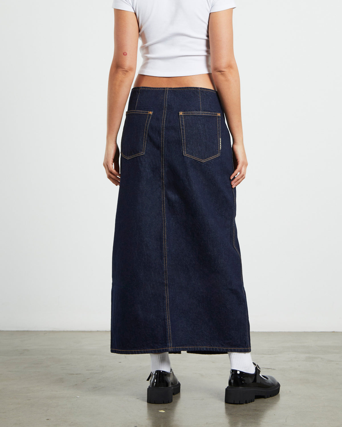 Recut Denim Maxi Skirt in Rinsed Denim Blue BLUE