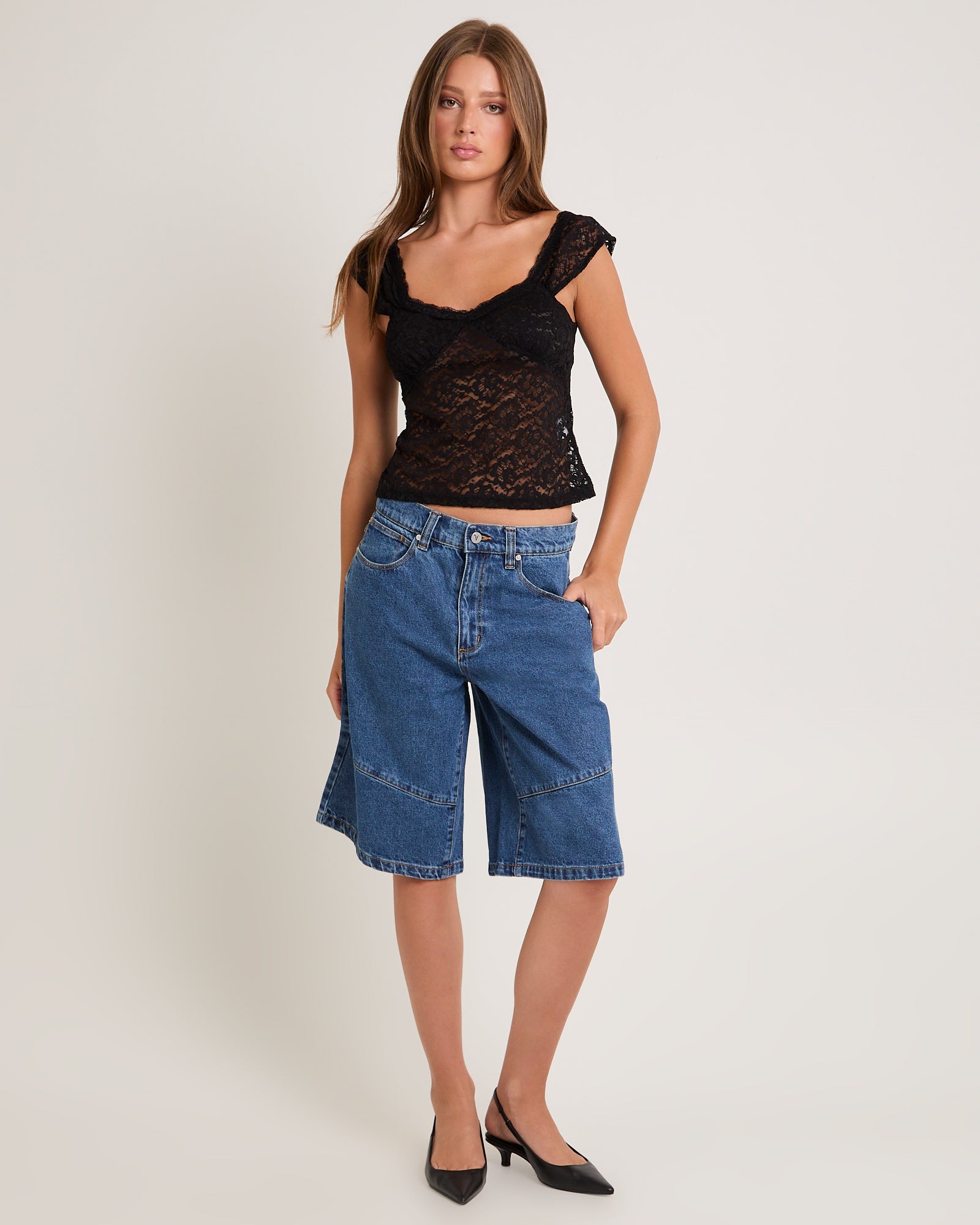 95 Super Baggy Denim Jorts Panels Bella MID BLUE