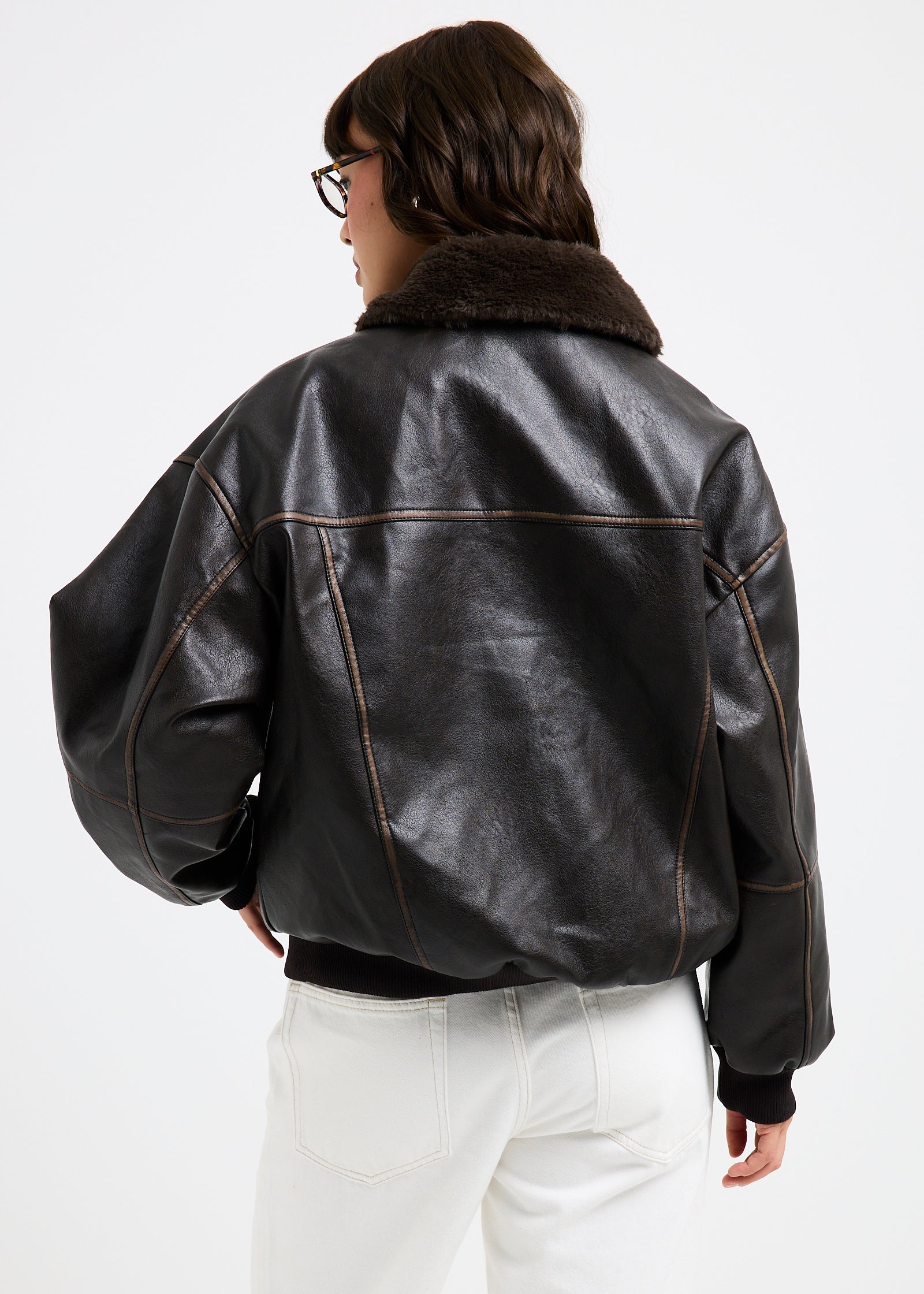 Cody Fur Trim Distressed PU Jacket BROWN
