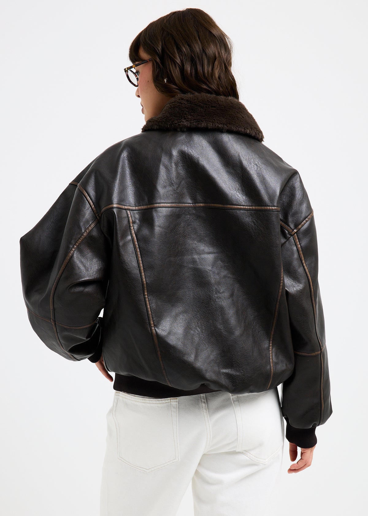 Cody Fur Trim Distressed PU Jacket BROWN