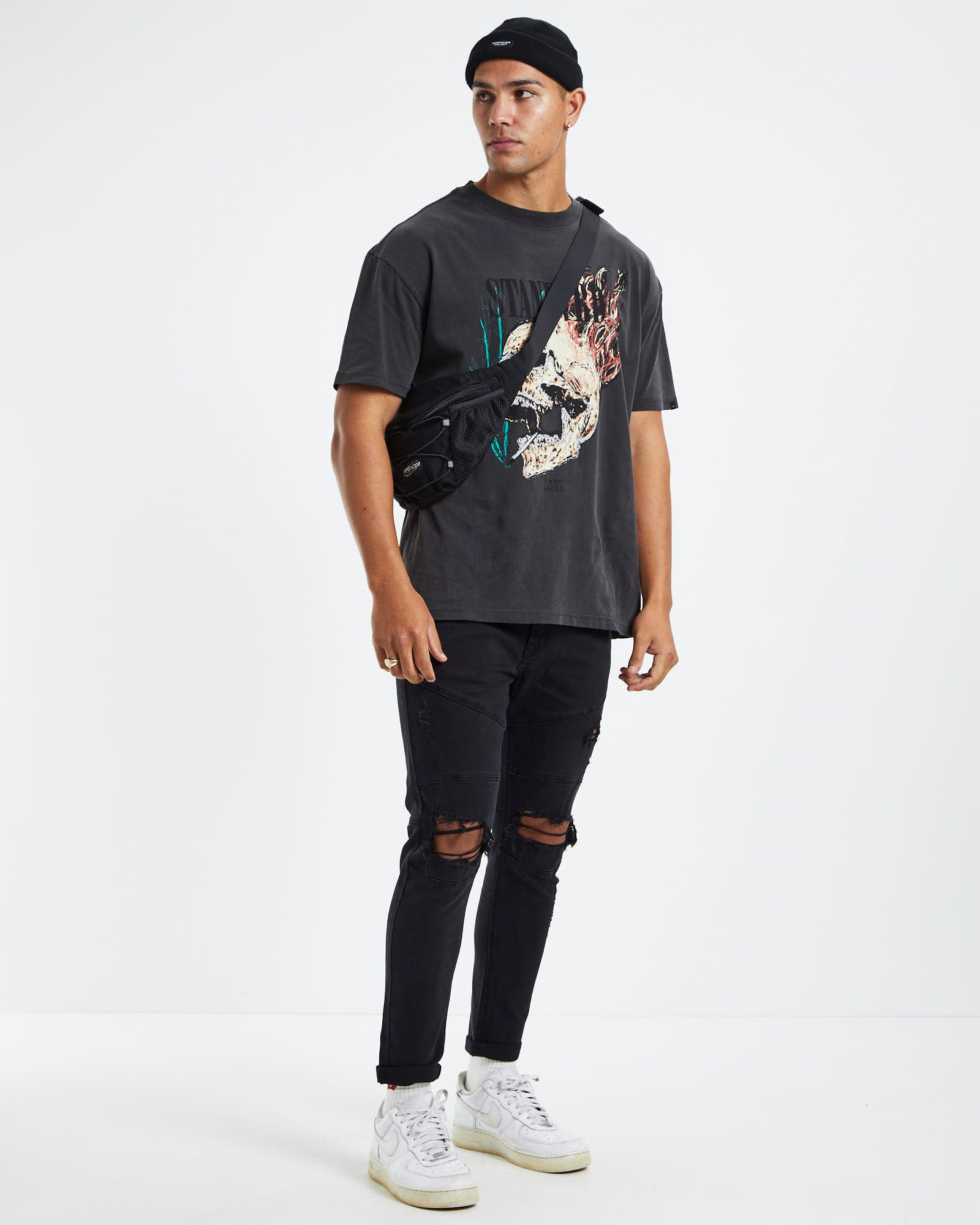 Flame Skull T-Shirt Vintage Black BLACK
