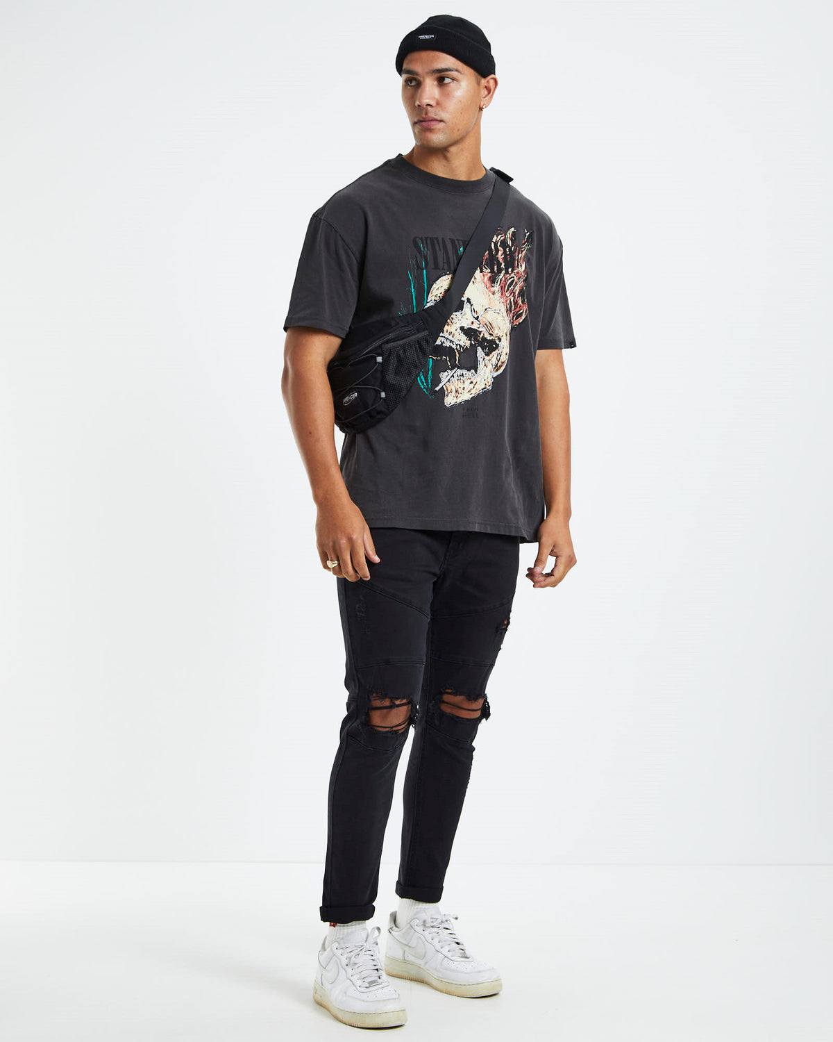 Flame Skull T-Shirt Vintage Black BLACK